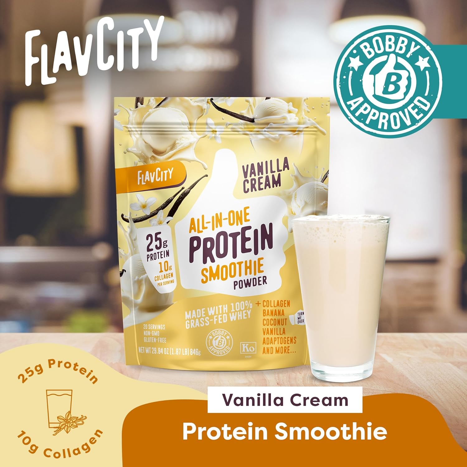 FlavCity Vanilla Dream Bundle - 25g Grass Fed Whey Protein Powder & 10g Collagen in Vanilla Smoothie and Vanilla Latte Flavors - Real Vanilla Bean & Coconut, Gluten Free (20 Servings Each)