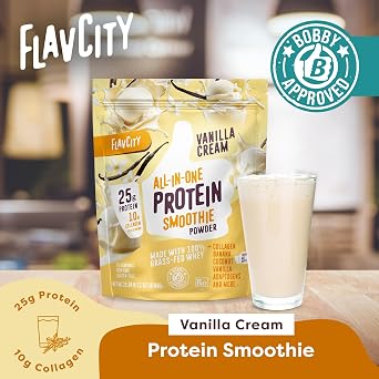 FlavCity Vanilla Dream Bundle - 25g Grass Fed Whey Protein Powder & 10g Collagen in Vanilla Smoothie and Vanilla Latte Flavors - Real Vanilla Bean & Coconut, Gluten Free (20 Servings Each)