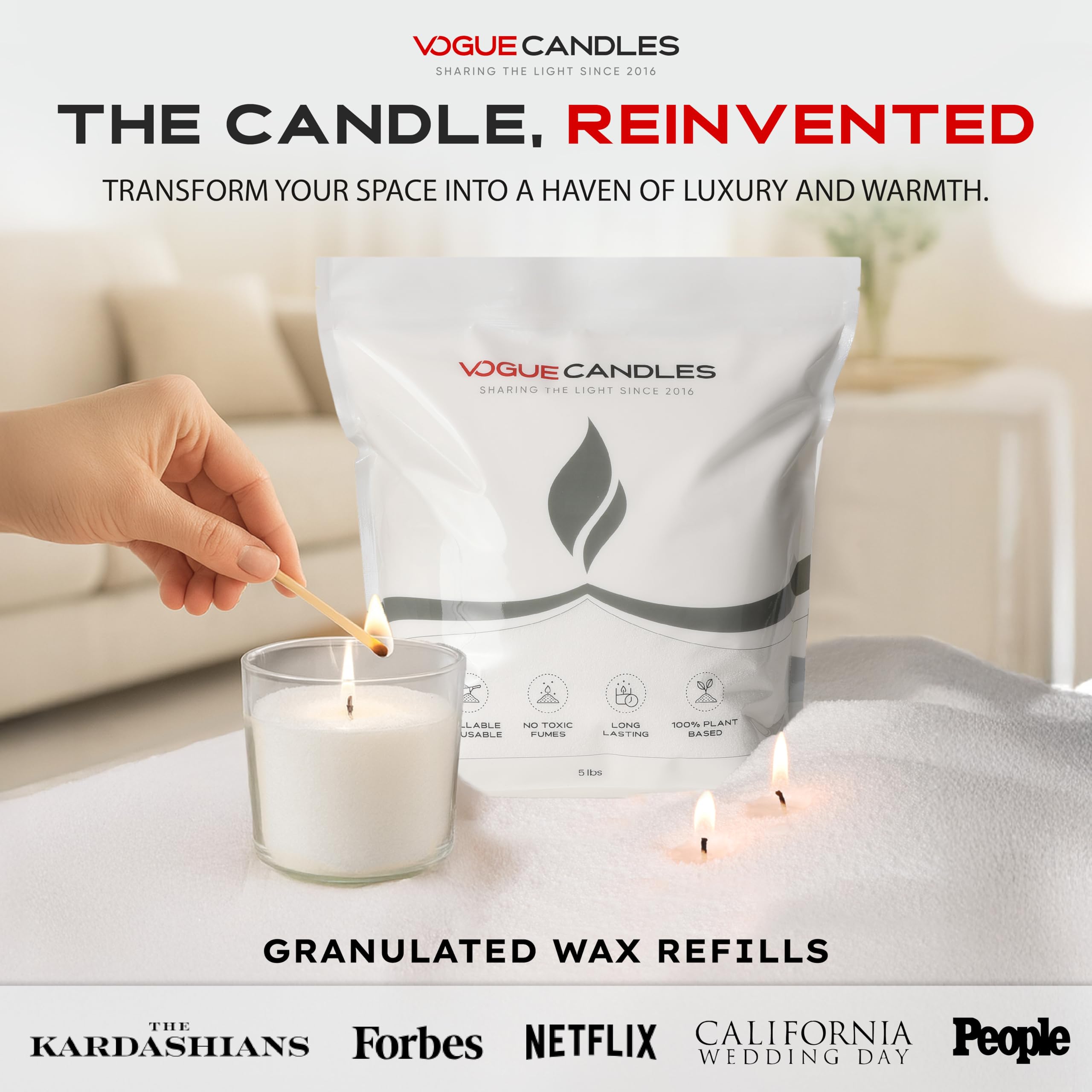 Vogue Candles - Recambio de cera granulada blanca, cera de arena perlada de 5 libras, kit de velas de arena con 50 mechas de algodón para iluminación del hogar, a base de plantas y reutilizable para