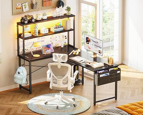 Miniatura 9 de AODK Escritorio en forma de L para juegos con luz LED y toma de corriente, escritorio reversible en forma de L de 53 pulgadas con estante,