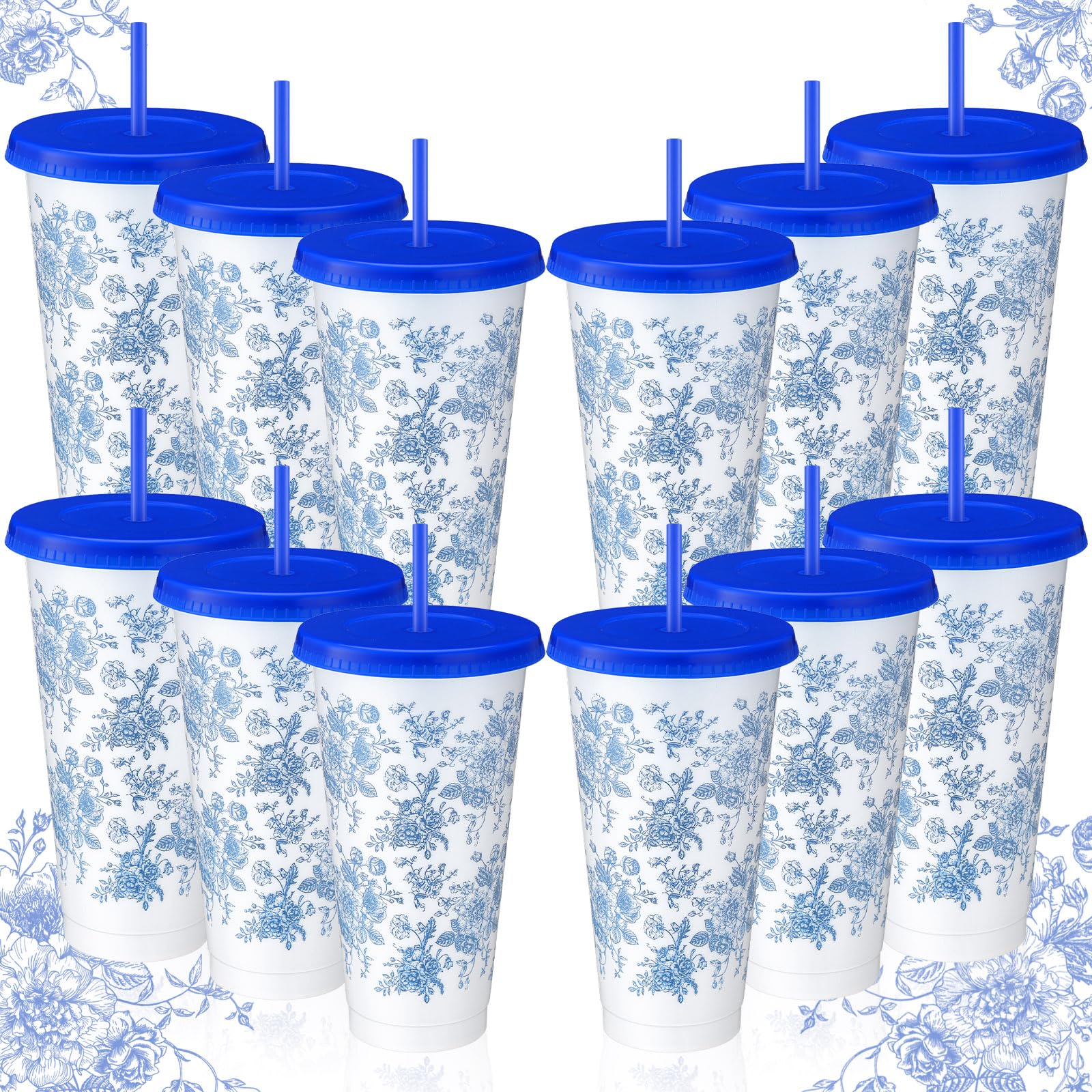 12 Pcs Blue Floral Cups with Lids and Straws 24 oz Plastic Tumbler Coffee Cup Travel Mug for Something Blue Bridal Shower Wedding Bridesmaid Party Favors