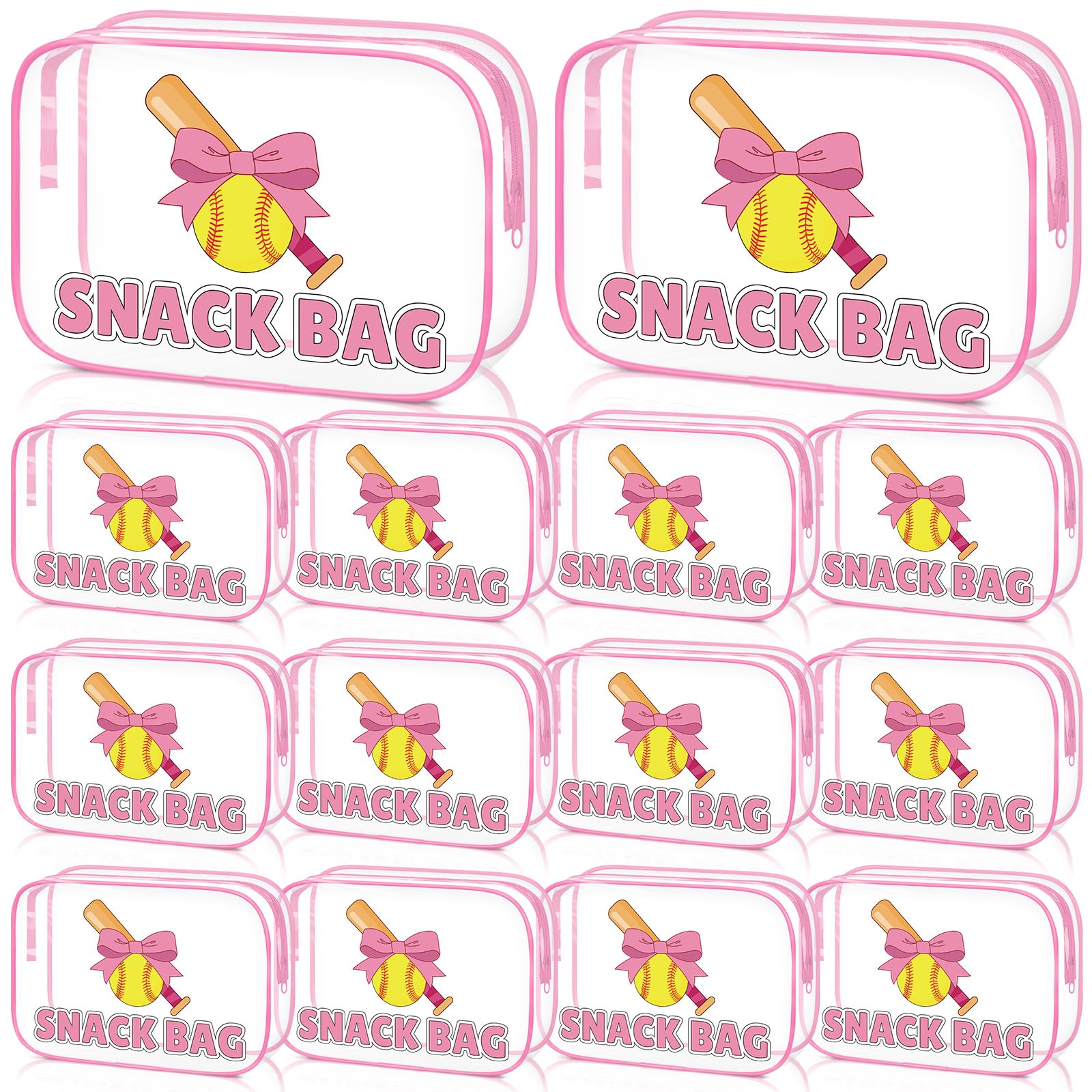 12 Pcs Softball Party Favors Pink Bow Softball Snack Bags Bulk Sport Gifts for Girls Team Soft Ball Goodie Bags Treat Clear Gift Bag for Girls Birthday Back to School, 7.87 x 5.9 x 2.36 Inch