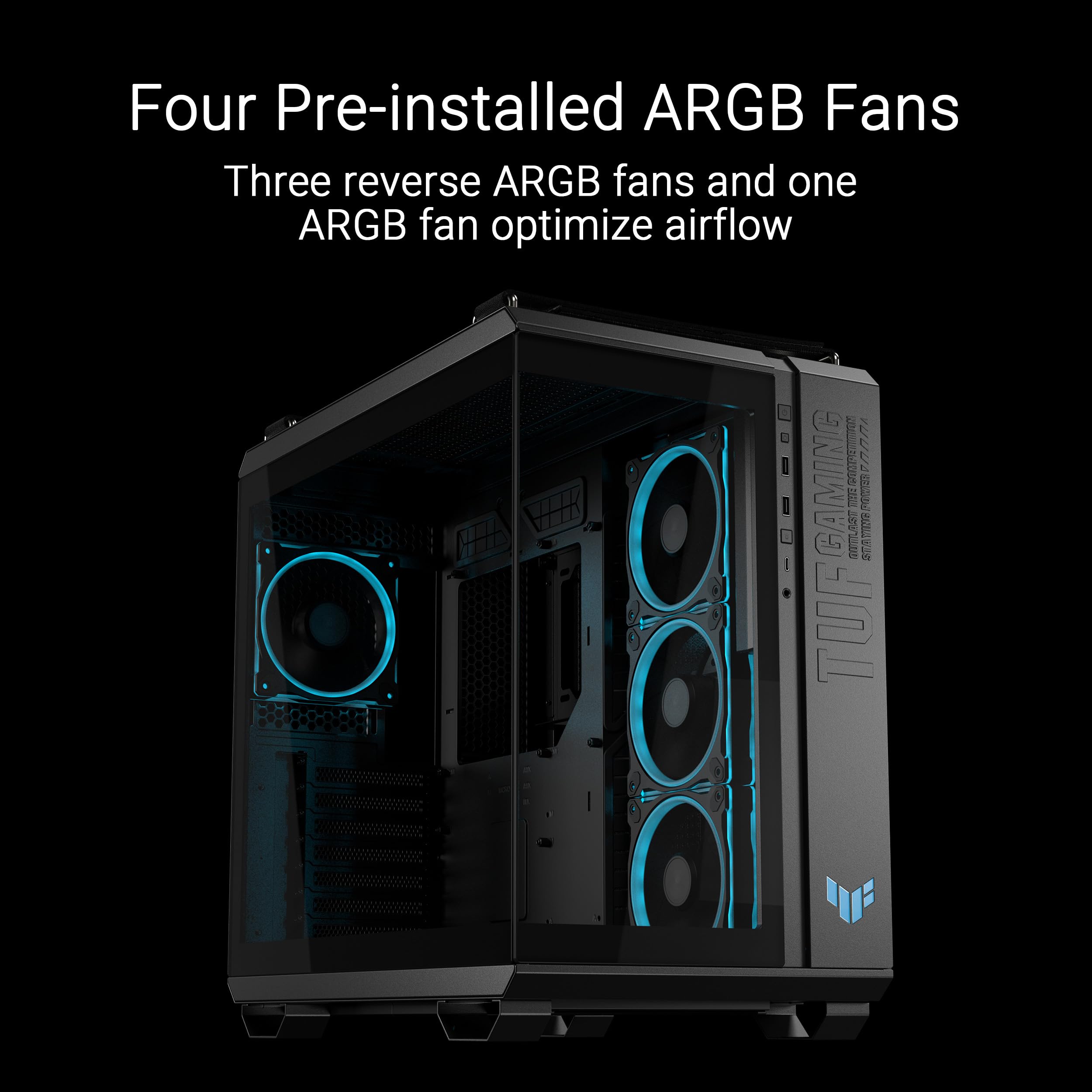 ASUS TUF GAMING GT502 HORIZON TG ARGB BLACK,Chassis a Doppia Camera con Design Panoramico e Pannello in Vetro, 4 Ventole ARGB Preinstallate, Porta USB-C ad Alta Velocità,Montabile senza Attrezzi, Nero