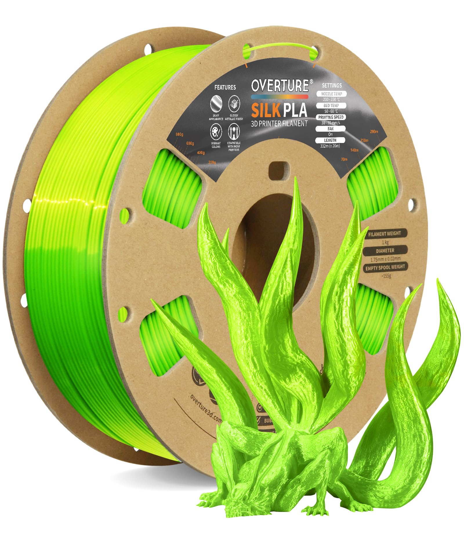 OVERTURE (オーヴァーチャー) シルクフィラメント PLA 1.75mm 詰まり防止 光沢のある3Dプリンターフィラメント 1kgスプール (2.2ポンド) 寸法精度+/- 0.02mm ほとんどのFDMプリンターに対応 シルクネオングリーン
