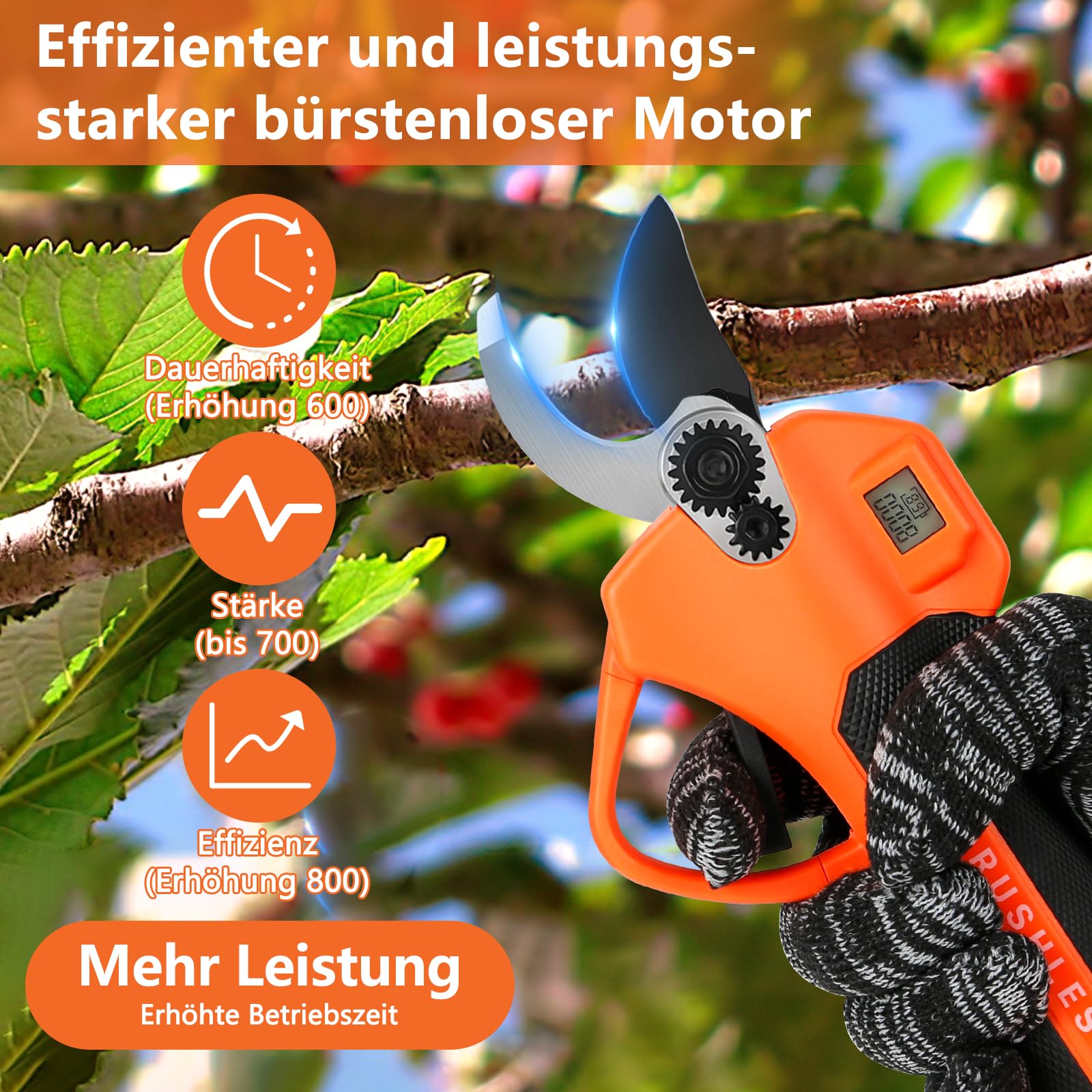 Akku Astschere mit LCD Anzeige, Schnurlose Elektrische Gartenschere mit 2 x 2000mAh Batterien und Max 40 mm SK5 Klingen, Tragbare Professionelle Elektrogartenscheren zum Baumschneiden