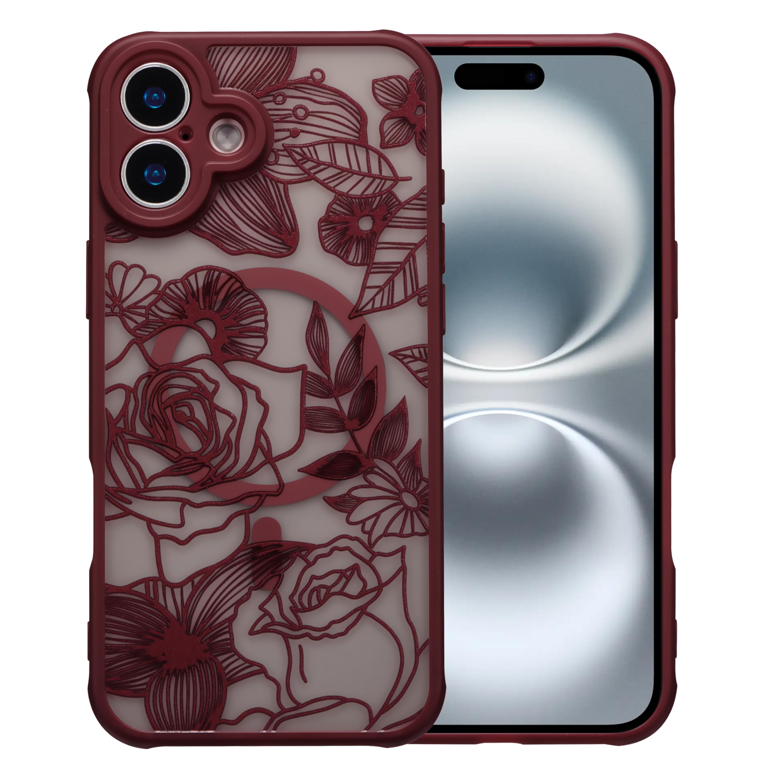 XIZYO Magnetic Case for iPhone 17 Cute Floral, Wine Red | Compatible with Magsafe, Floral Flower Rose Girly Aesthetic Burgundy Pattern for Women Girls, Matte Shockproof Bumper Cover Magnet Wine Red for iPhone 17