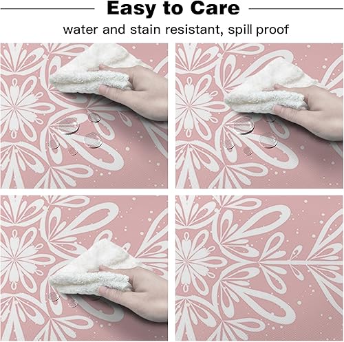 Miniatura 6 de Mantel redondo de Navidad con diseño de copo de nieve rosa de 54 pulgadas, protector de tela impermeable, mantel de Navidad con copos de nieve de