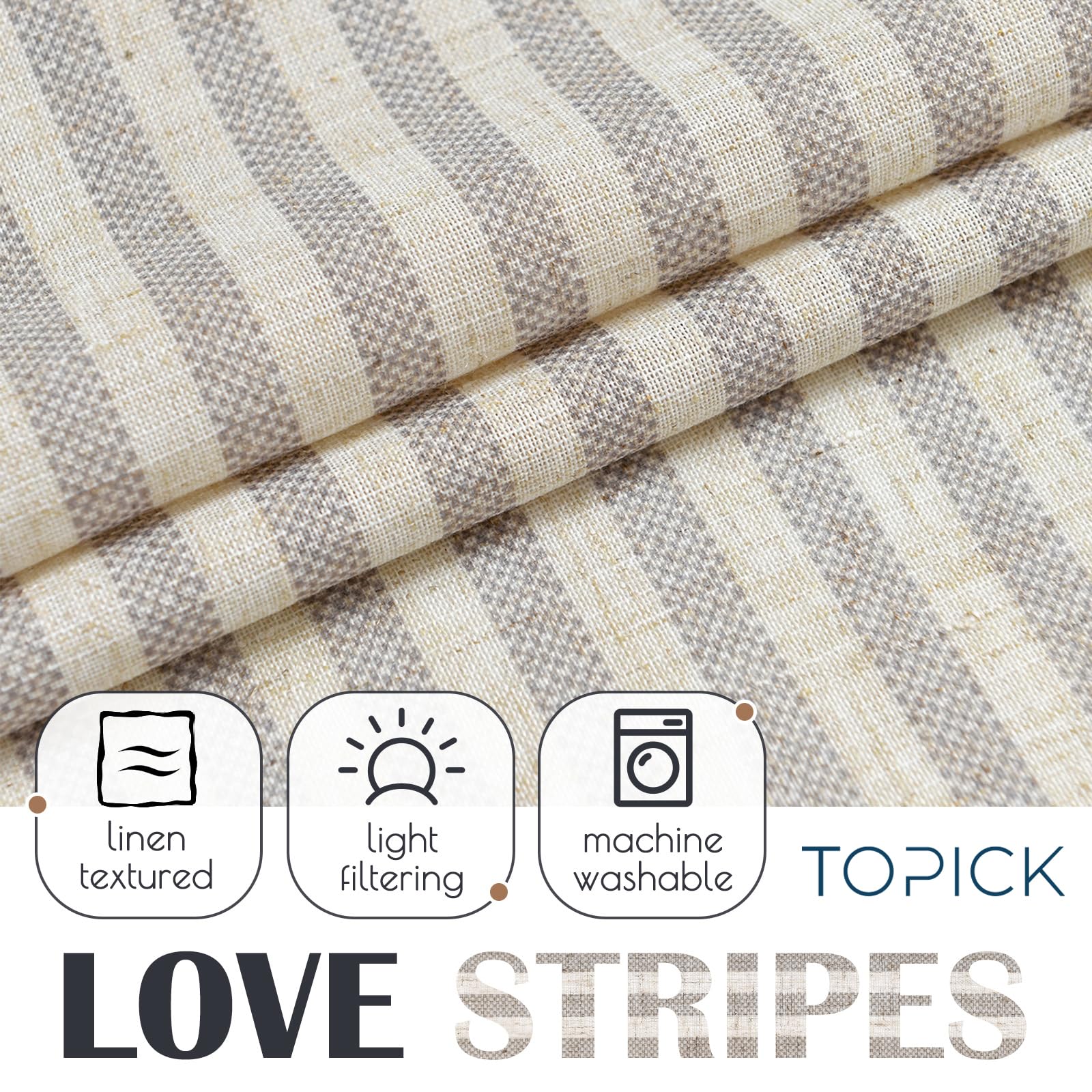 TOPICK Striped Kitchen Curtains 45 Inch Drop, Light Filtering Small Cafe Curtains - Image 3