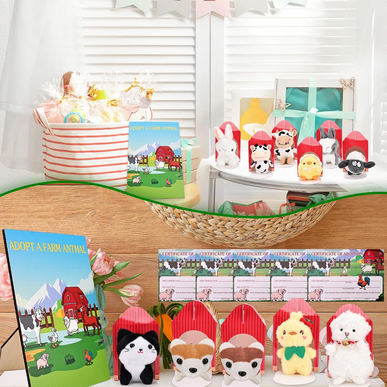 50 Pcs Farm Animal Party Favors 16 Farm Animals Bulk 16 Paper Boxes 16 Adoption card 1 Wood Table Decor and 1 Plastic Fences for Adopt a Pet Party Favors