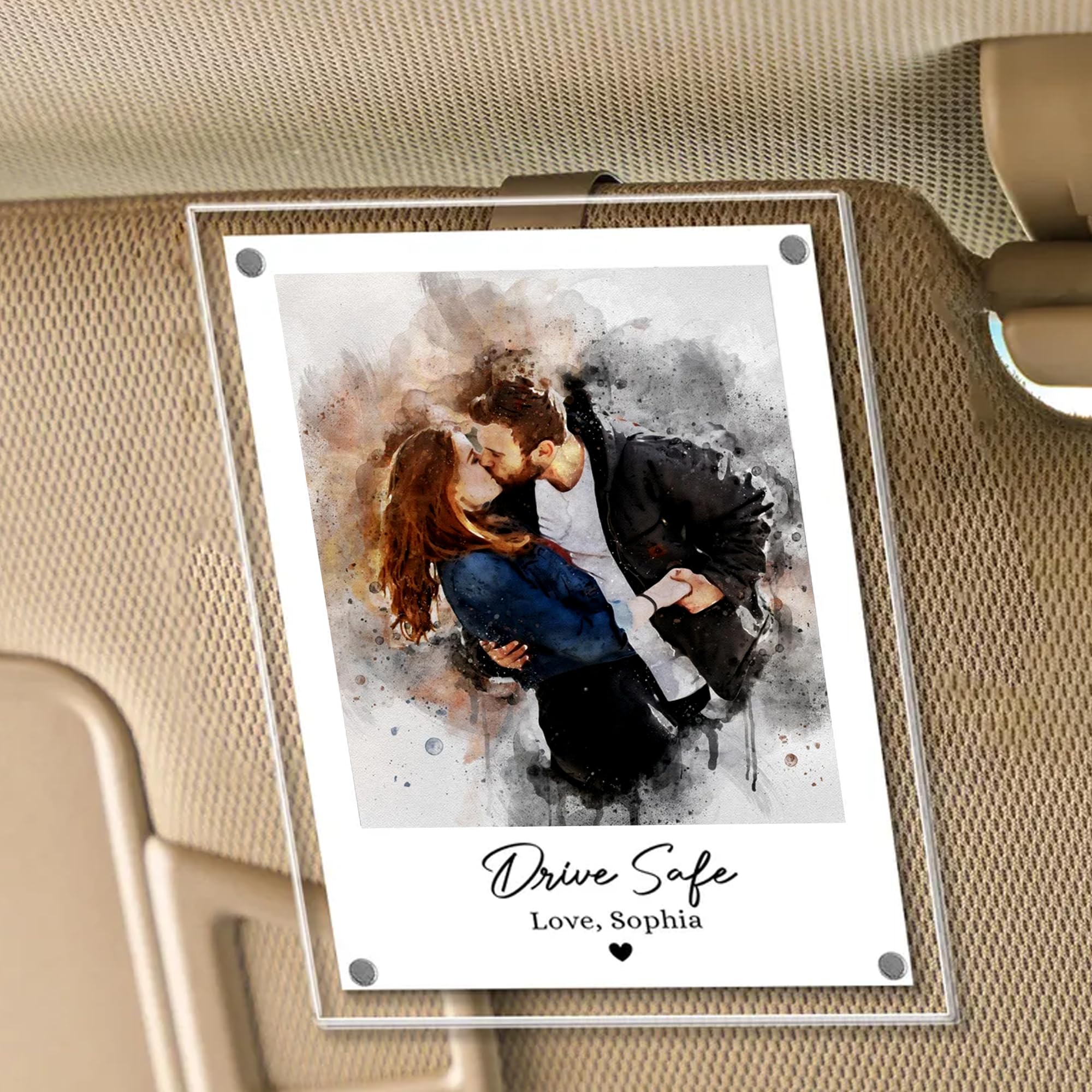 Personalized Watercolor Couple Portrait Photo Car Visor Clip Drive Safe I Love You Car Accessory Custom Photo Gift — view 3