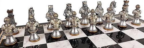 Miniatura 4 de Medieval Times Crusades Knight - Juego de ajedrez dorado y plateado con tablero de almacenamiento de mármol sintético de 17 pulgadas
