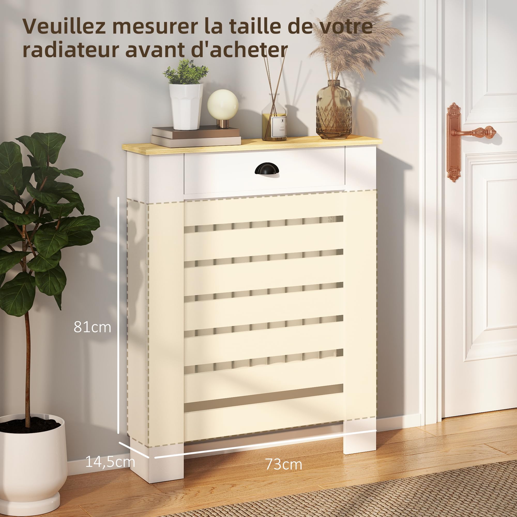 HOMCOM Couvercle de radiateur, cache radiateur, grille à lattes horizontales, avec tiroir, pour salon, chambre à coucher, couloir, en bois, 78 x 19 x 95,5 cm, blanc