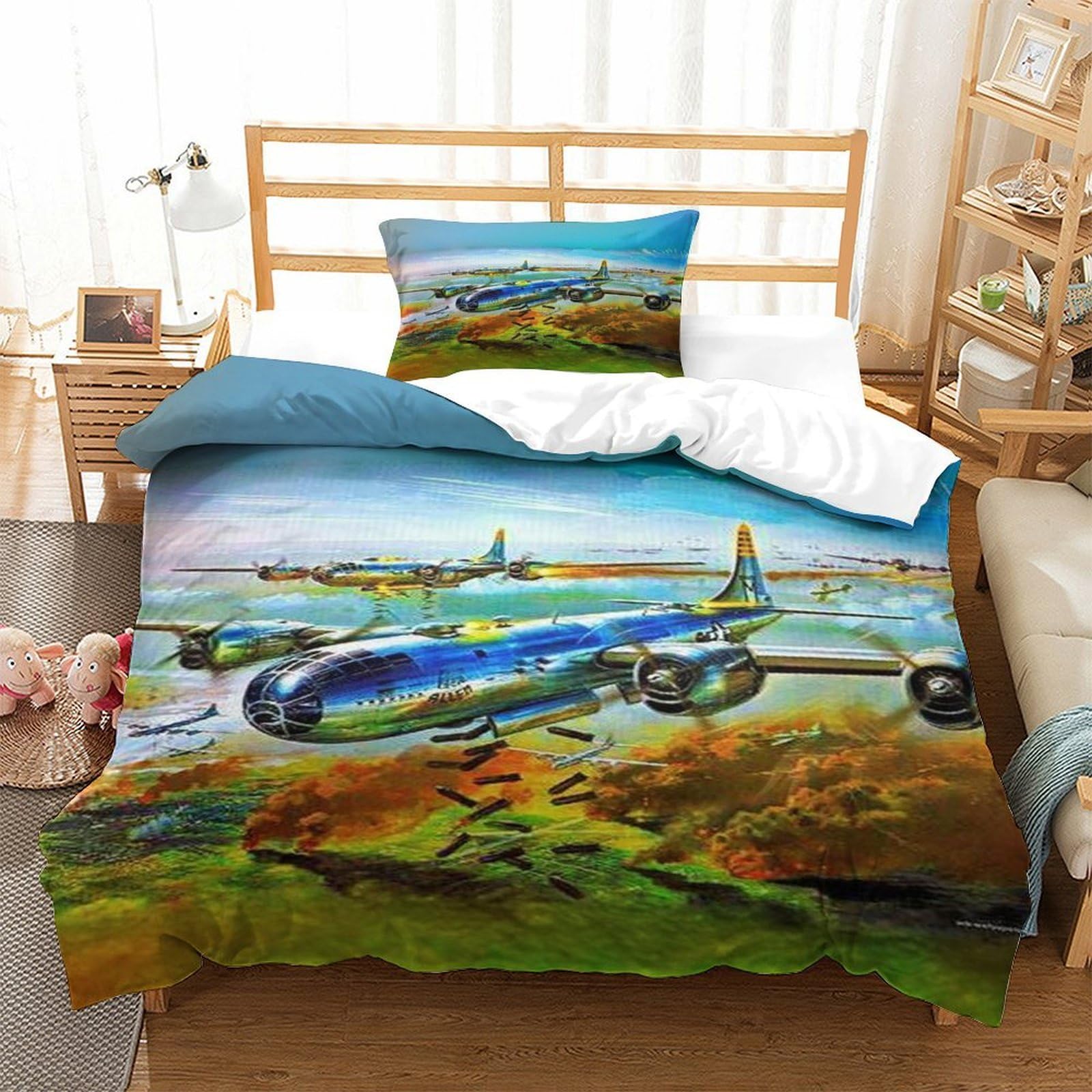 LILIlaobiao WW II Aircraft Comforter Cover With Hidden Zipper Single（135x200cm）, Lancaster Bomber Duvet Cover with Pillowcases, Bedding Set Soft Microfiber Quilt Cover Set for Kids Adults