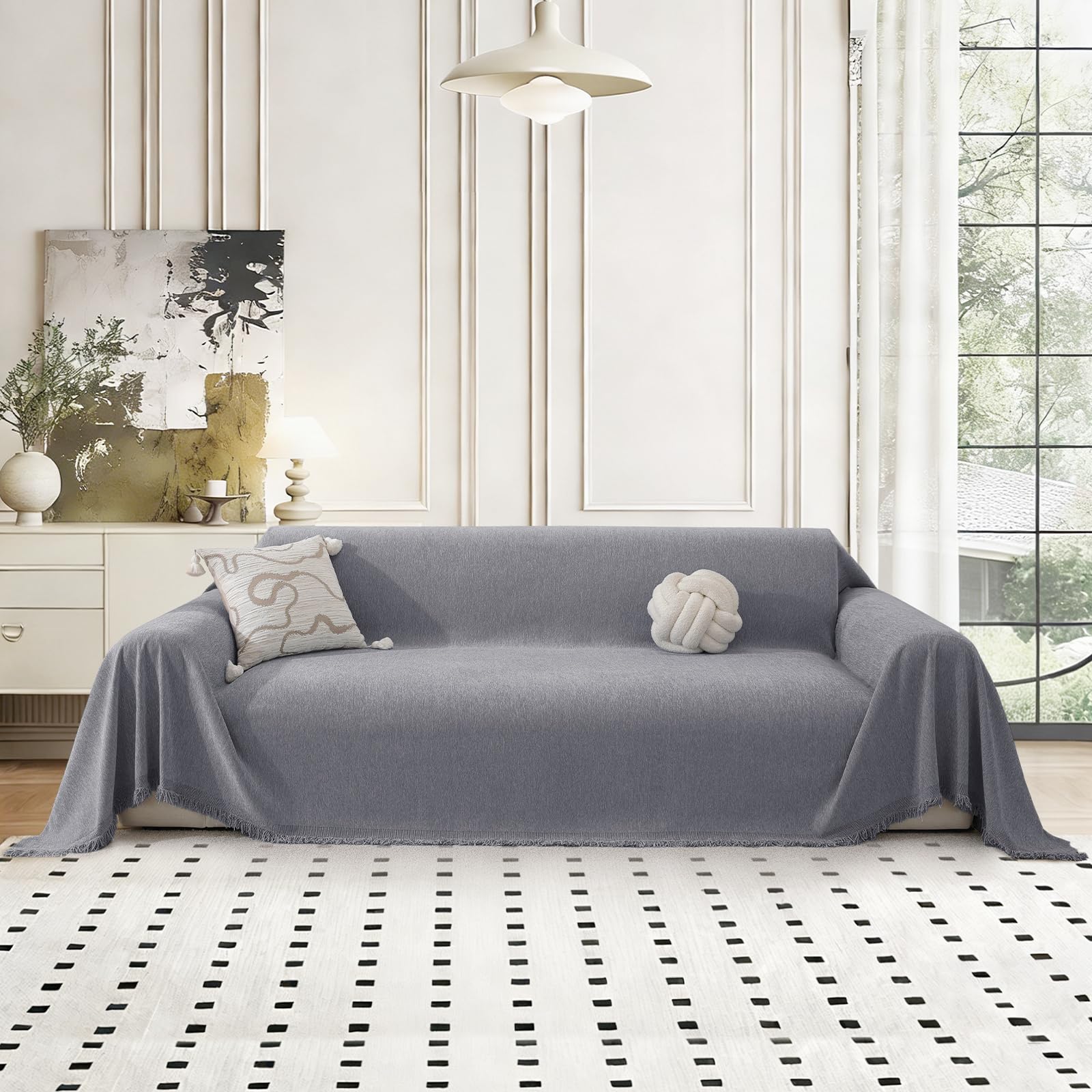 MAXIJIN Chenille Couch Cover for 2 3 4 Seater, Washable L-Shaped Corner Sofa Cover, All-Season Sofa Covers for Dogs, Pet Throw Blankets with Tassel Couch Protector Covers (Light Grey, 180 * 380 cm)