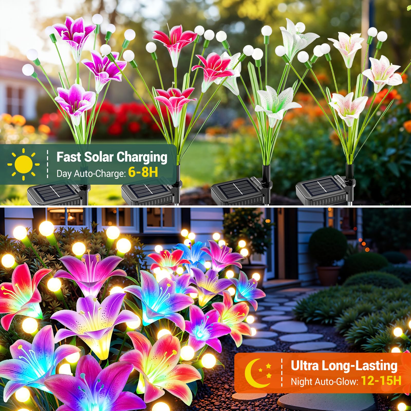 BUCASA Firefly Solarlampen für Außen Garten, 4 Stück 36LED Hell Solarleuchten für Außen mit Warmweiß Glühwürmchen und Farbig Lilien Blumen, Upgraded Swinging Solar Gartenleuchten für Wege Höf Balkon