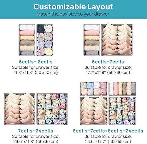 Miniatura 7 de Vtopmart Juego de 4 organizadores de cajones de ropa interior, 6+7+8+24 celdas, separadores de cajones de ropa, contenedores organizadores de