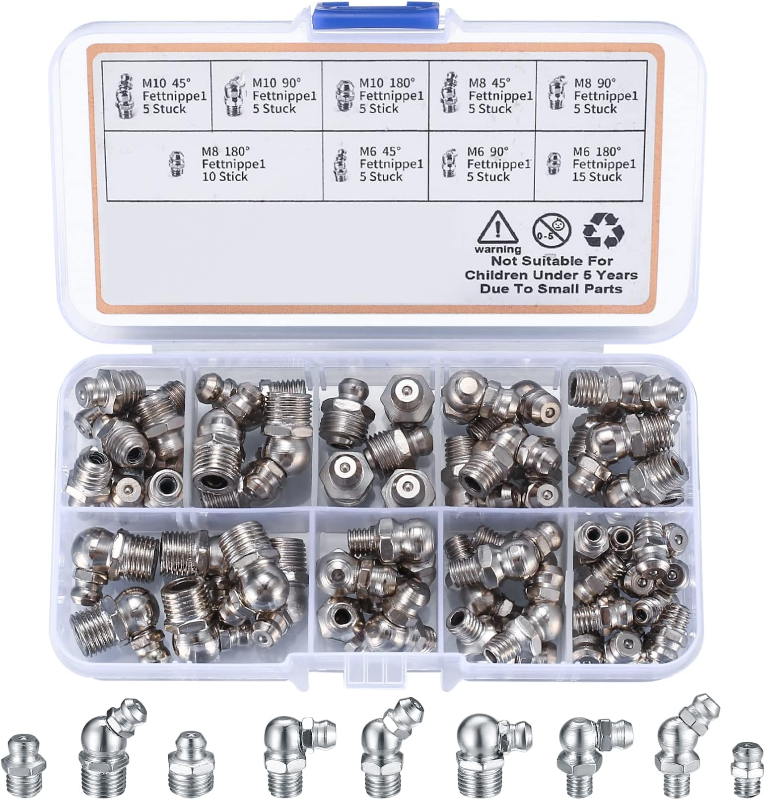 60Pcs Metric Grease Fittings Kit,Straight and Angled Grease Zerk Kit, M6 M8 M10 180 45 90 Degree Hydraulic Grease Zerk Assortment for Angled Grease Guns Mechanical Component Lubrication