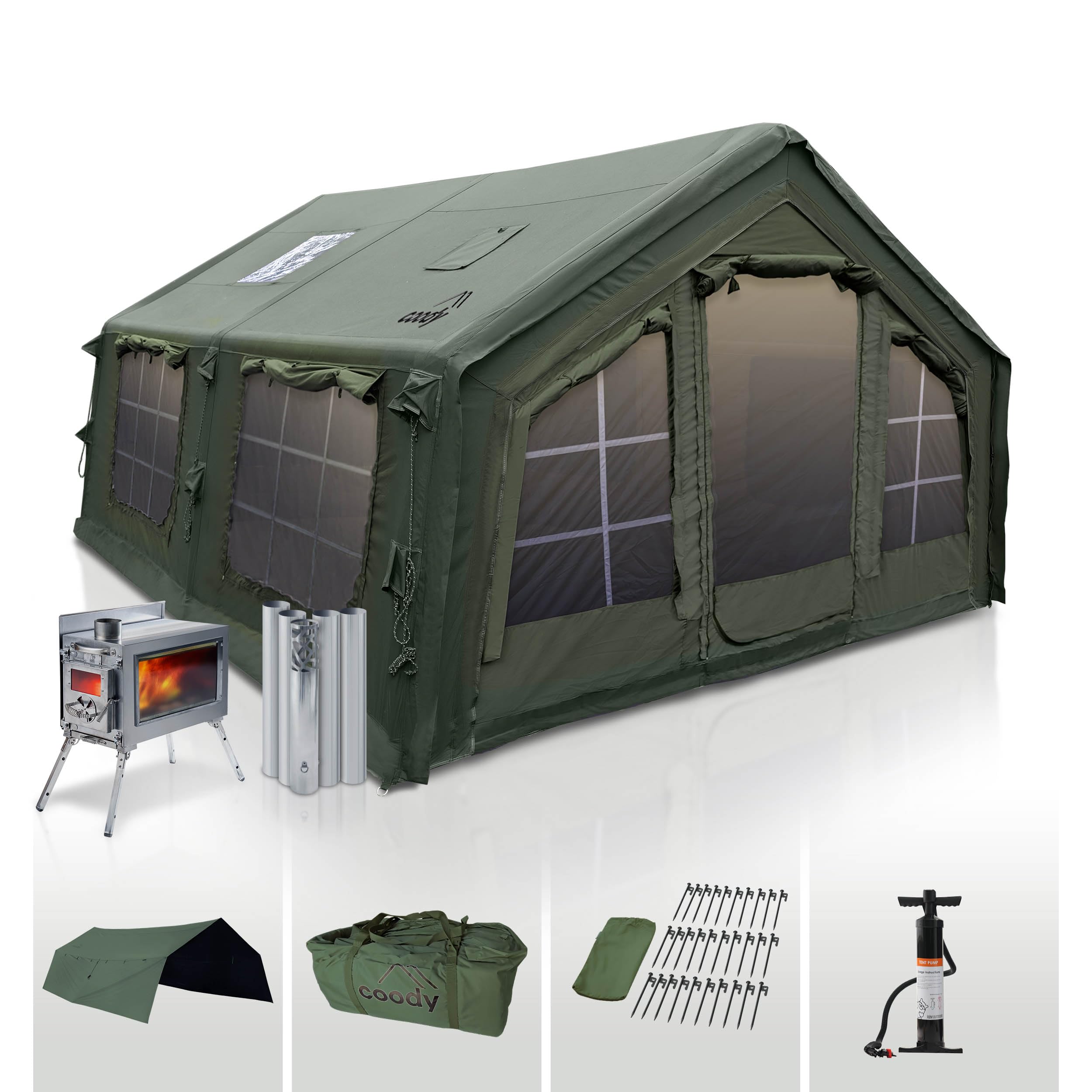Coody | Rbm Outdoors Koala/Hub/Octopus Inflatable Tents for Camping with Stove Jack, 2/8/10 Person Luxury Canvas Blow Up Tent, 2 Room, Easy Setup Casa de Campaña, Large Inflatable House with Pump
