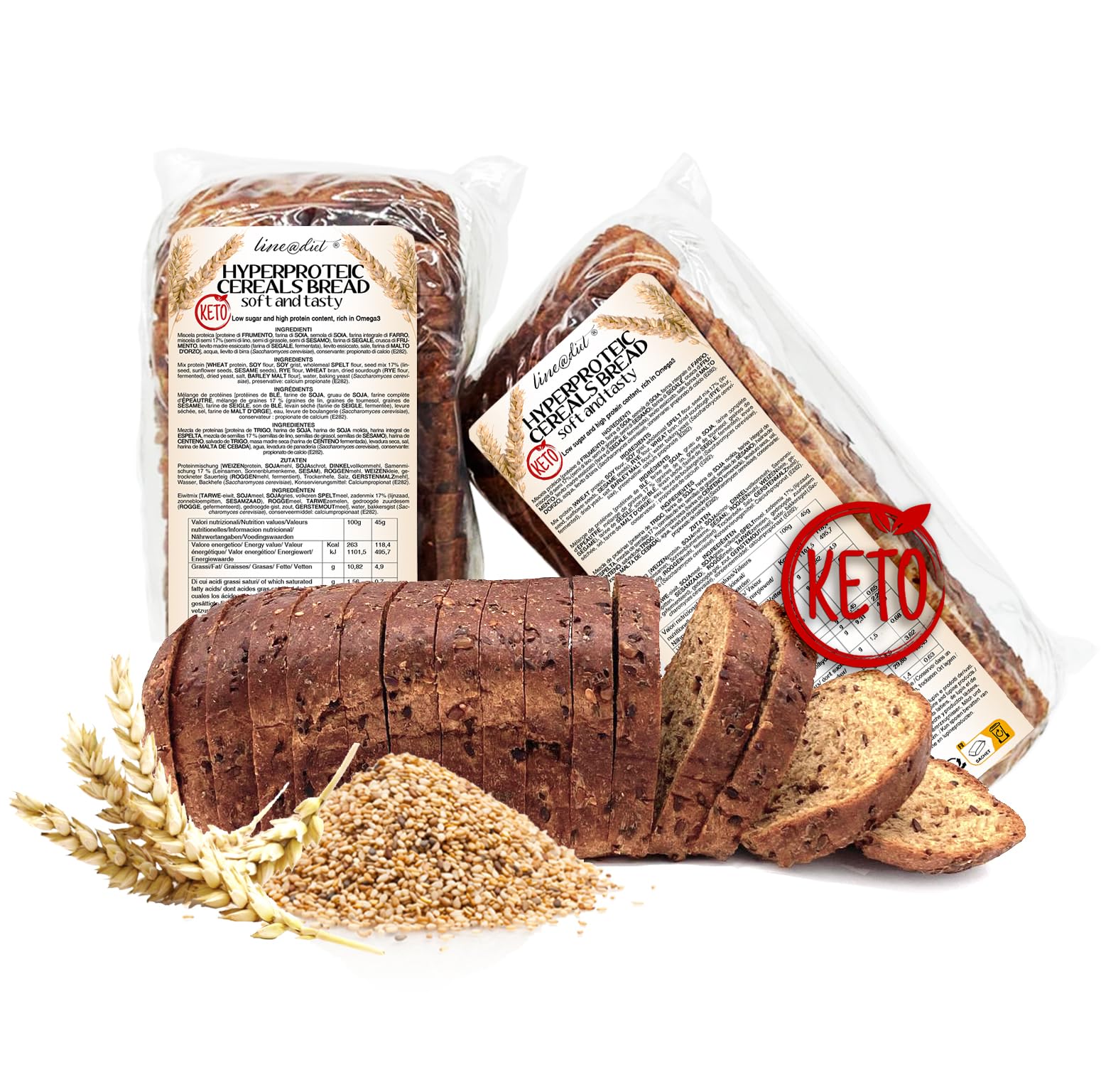 Keto Protein Bread Line@ - 1,5g Carbs, 0,5g Sugars, 6,8g Protein Per Slice 16 Slices Multi Seeded Bread Keto Snack 30 Protein 58 Kcal Per Slice