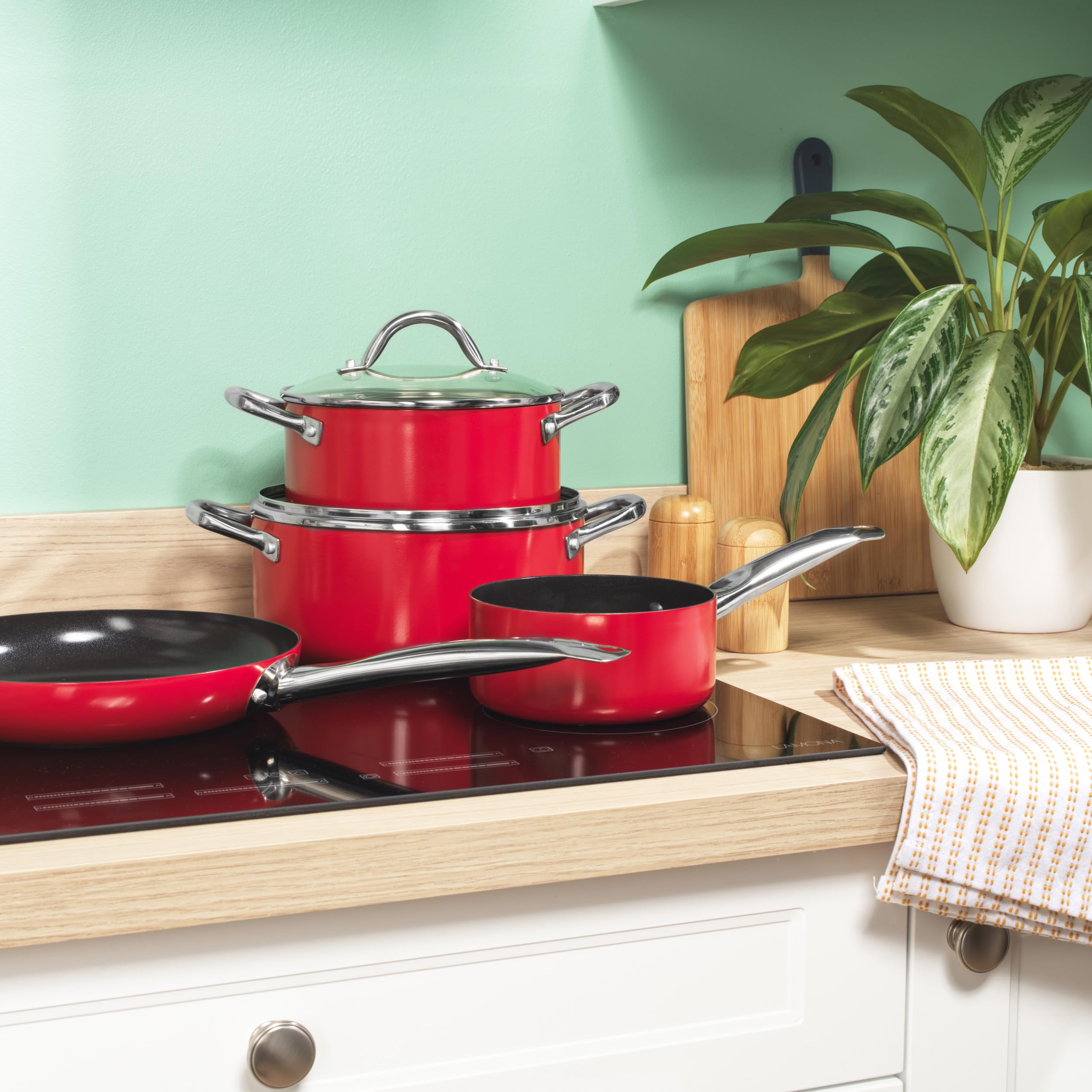 Russell Hobbs Riviera Kochgeschirr-Set, 4-teilig, Keramik-Antihaft | Pressaluminium, PFAS-freie Keramikbeschichtung, induktionsgeeignet, ofenfest bis 220 °C, 24 cm Pfanne, 16 cm Topf, 20/24