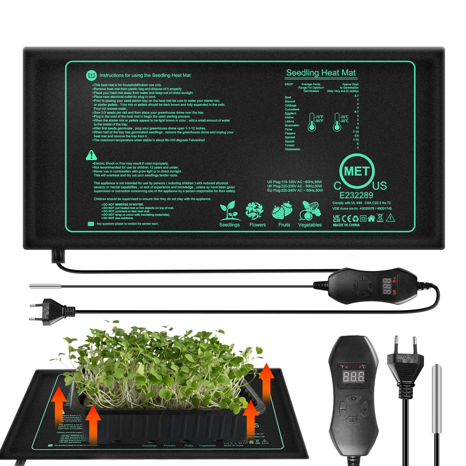 BORDEAG Esterilla calefactora de 50 W para plantas con termostato, 10 x 20,75 pulgadas con termostato, estera térmica para invernadero, estera térmica para plántulas, estera de calor para plantas,