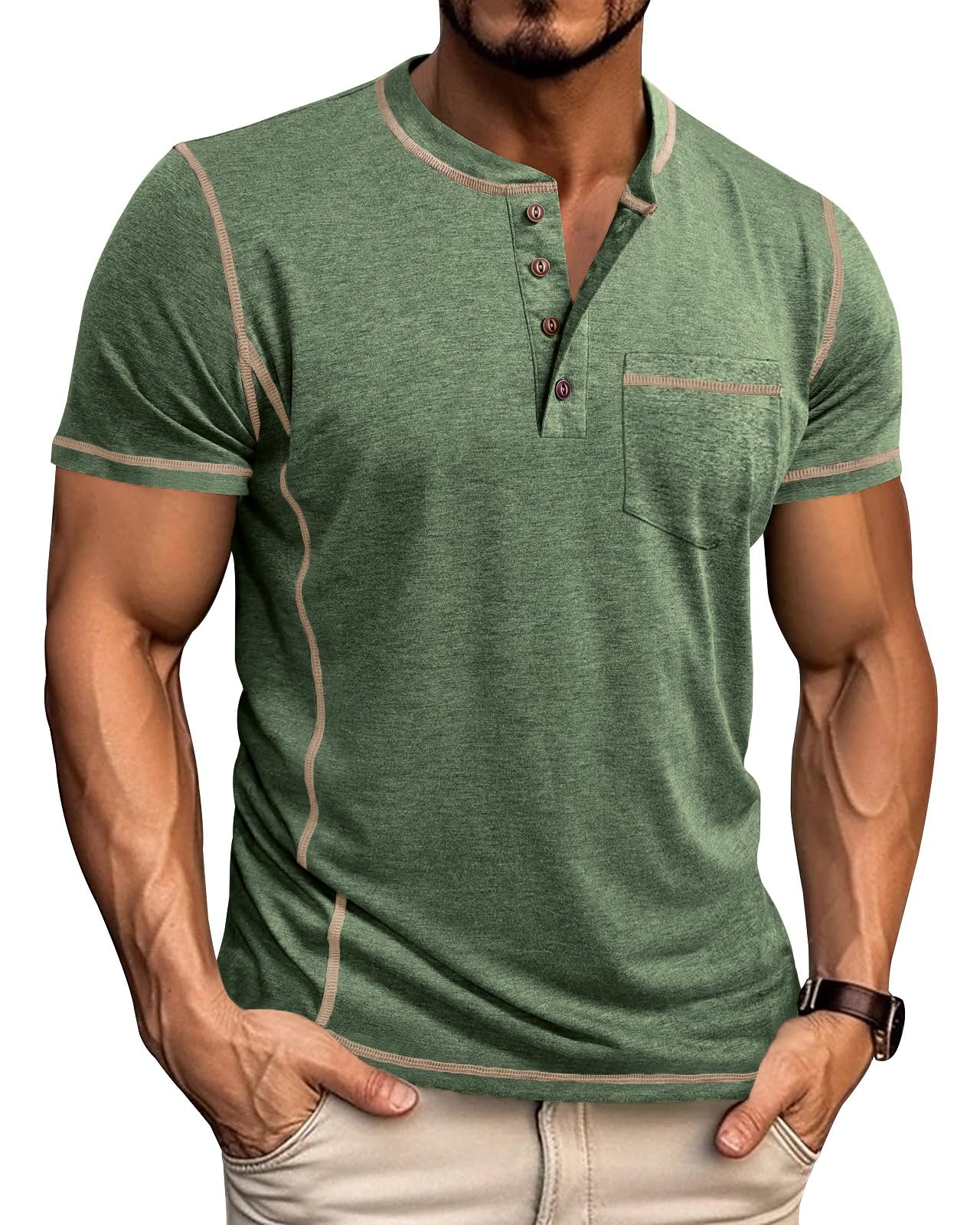 LAOARA T-Shirts Herren Henley Shirt Kurzarm V Ausschnitt Sommer Sport mit Tasche Knopfleiste Slim Fit Hemd Grün XXL