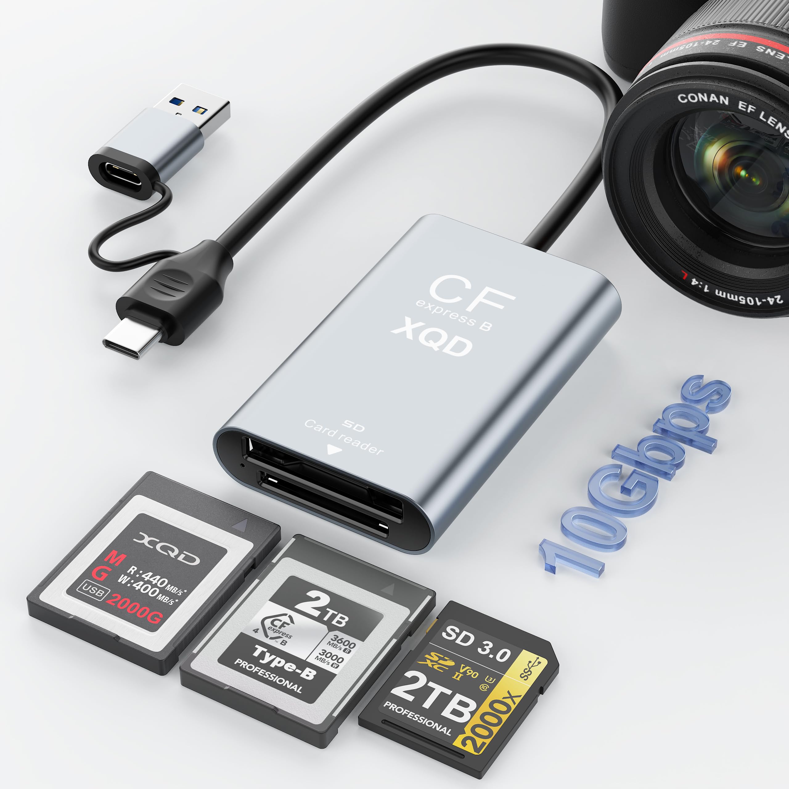 CFexpress Type B/XQD/SD Card Reader 10Gbps,USB C 3.2 (Gen 2) CF Express B UHS-II/UHS-I Dual Slot Card Adapter 3 in 1 Aluminum XQD Memory Card Reader for Thunderbolt 3/4 for Professional Filmmakers-image-42