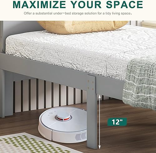 Miniatura 6 de Dolonm Marco de cama individual para niños con banco de estribo, gris, madera de pino, estilo moderno, no necesita somier