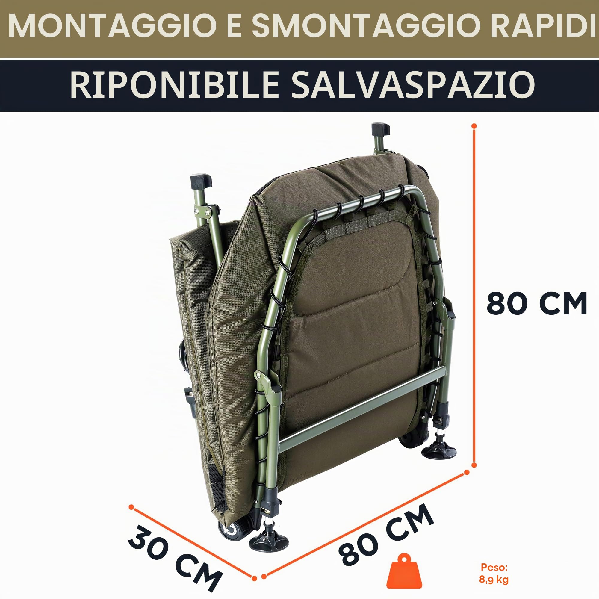 Lettino da pesca a 6 gambe di alta qualità, per professionisti, da campeggio, da campo, colore: verde/nero