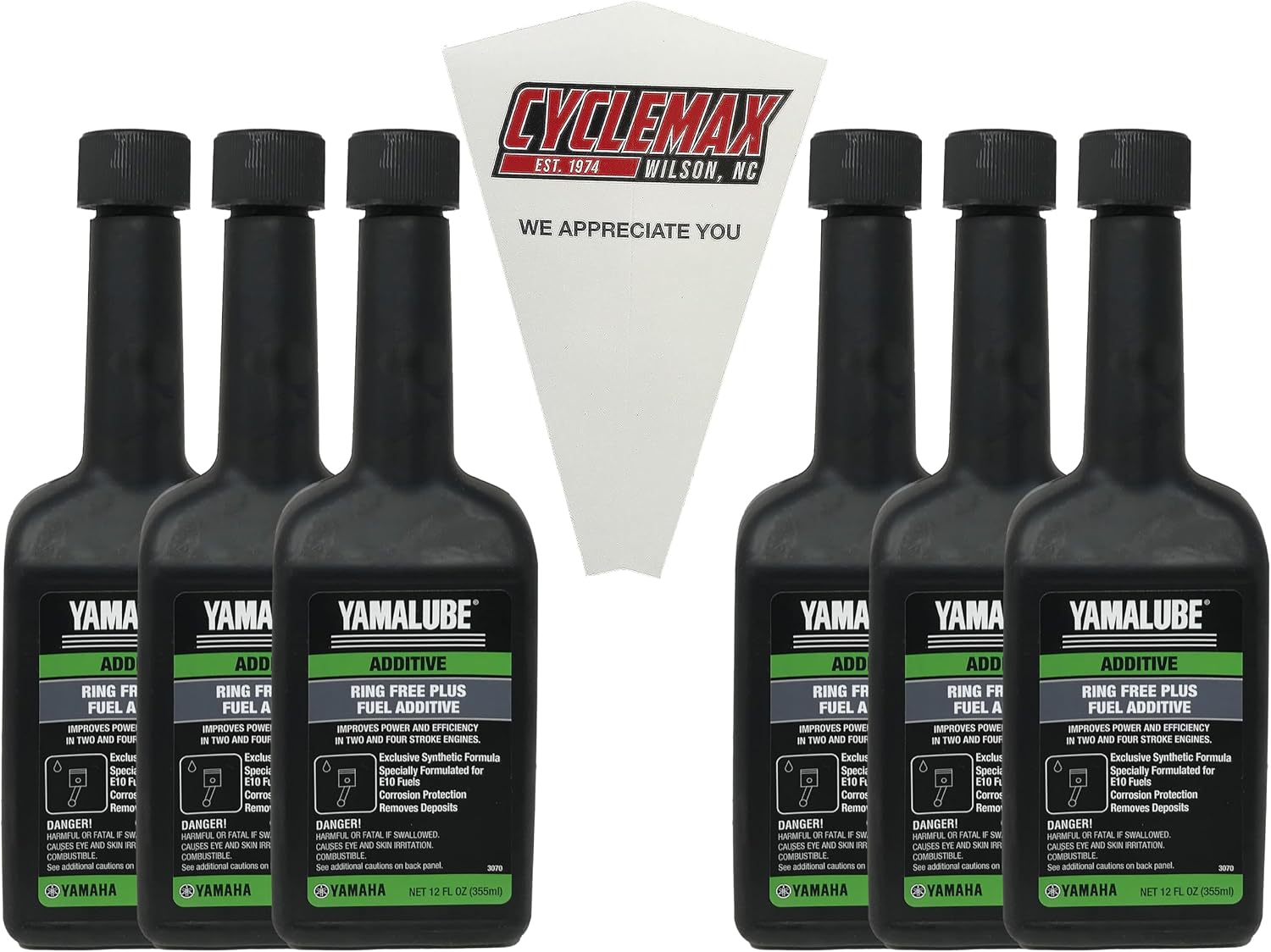 CYCLEMAX Six Pack Compatible with Yamaha Ring Free Plus Fuel Additive ACC-RNGFR-PL-12 Contains Six 12oz Bottles and a Funnel