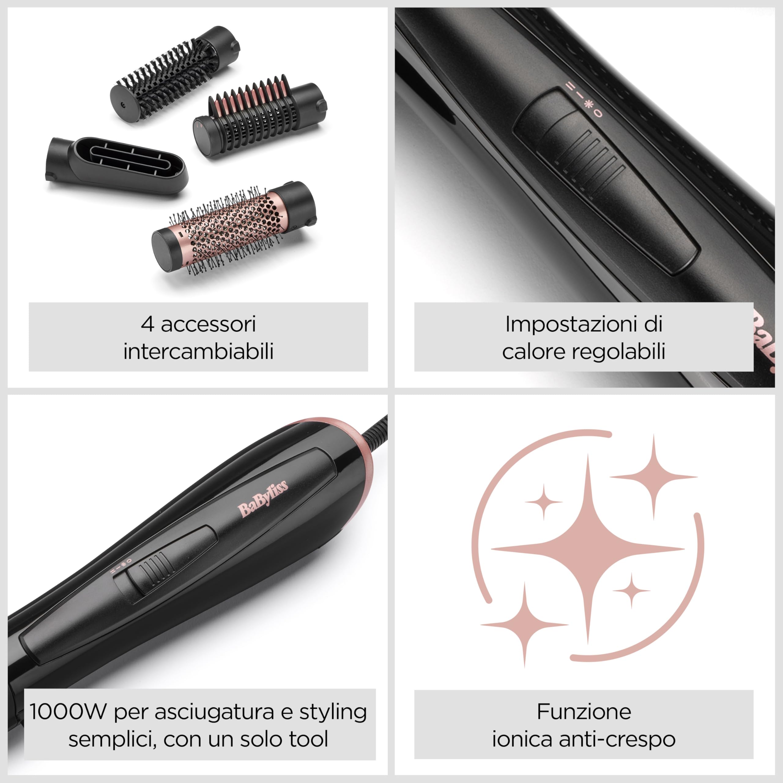 BaByliss Spazzola ad aria, 4 accessori intercambiabili per lisciare, modellare e dare volume, funzione anti-crespo, 2 temperature + aria fredda, AS126E