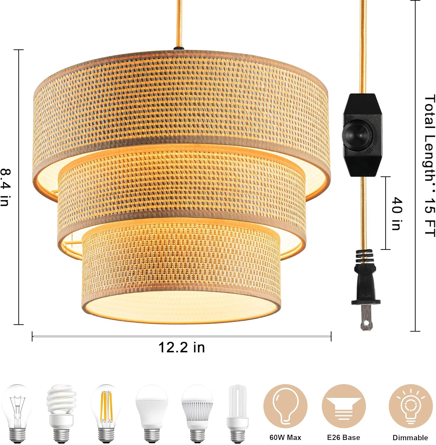 Plug in Pendant Light, Hanging Lamp with Dimmable Switch, Rattan Pendant Light Fixtures with 15 Ft Cord, Boho Lamp with Yellow Lamp Shade for Bedroom, Kitchen, Living Room