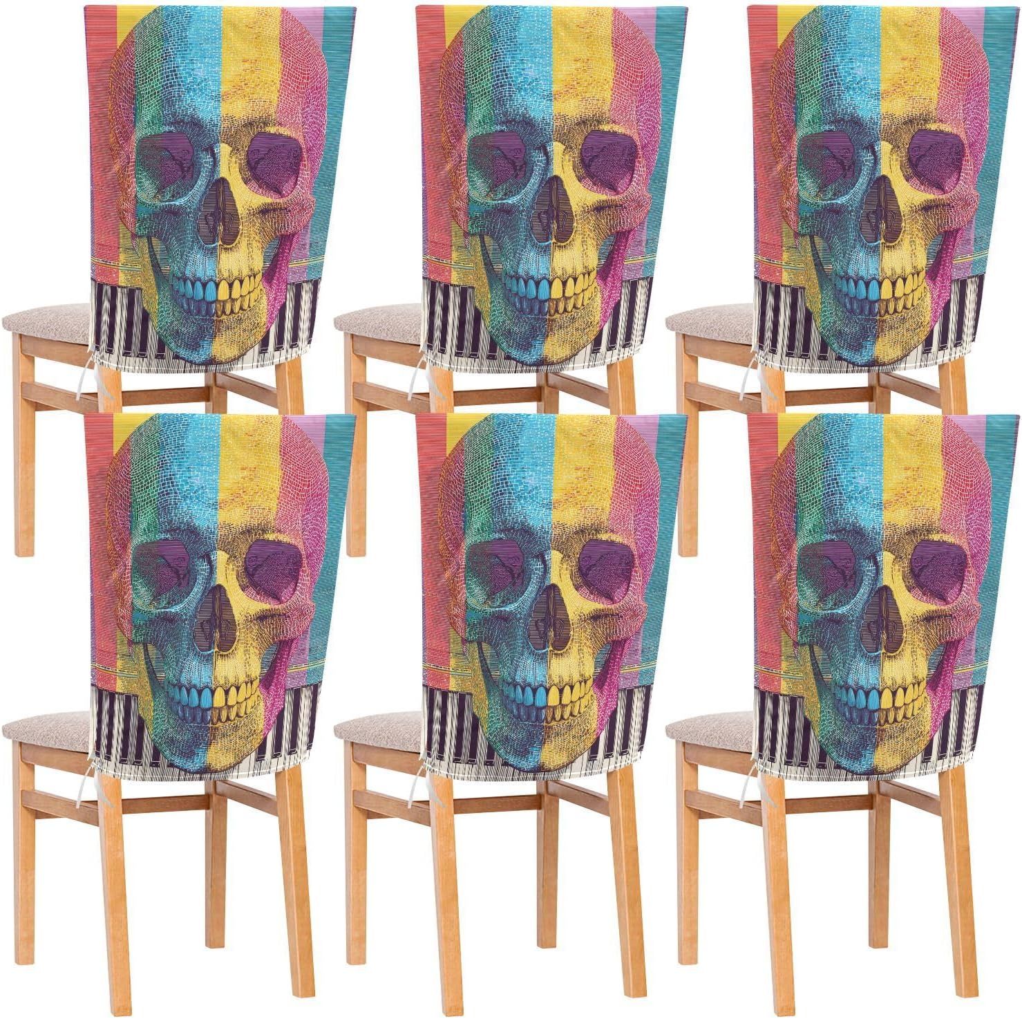 ALAZA Music Piano Keys and Rainbow Skull Chair Back Cover Set of 6, Washable Reusable Removable Chair Slipcovers Decorative Chair Cover for Home Kitchen Wedding Party