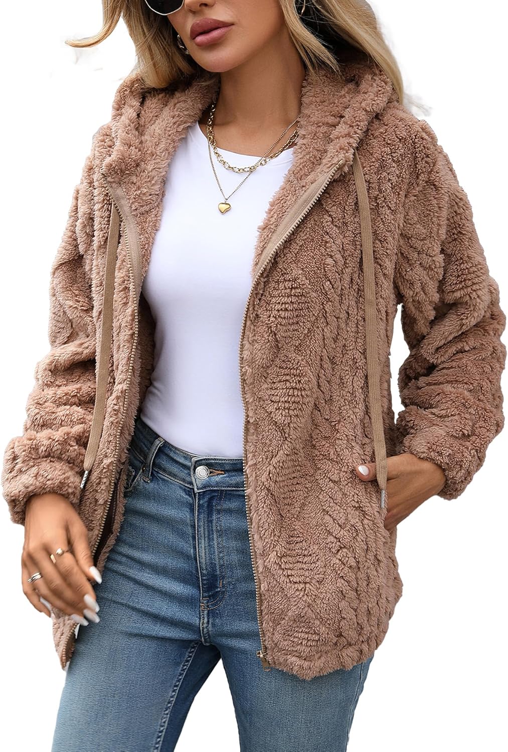 Womens Fleece Jacket Fall Winter Full Zip Sherpa Coat with Hood S-5XL