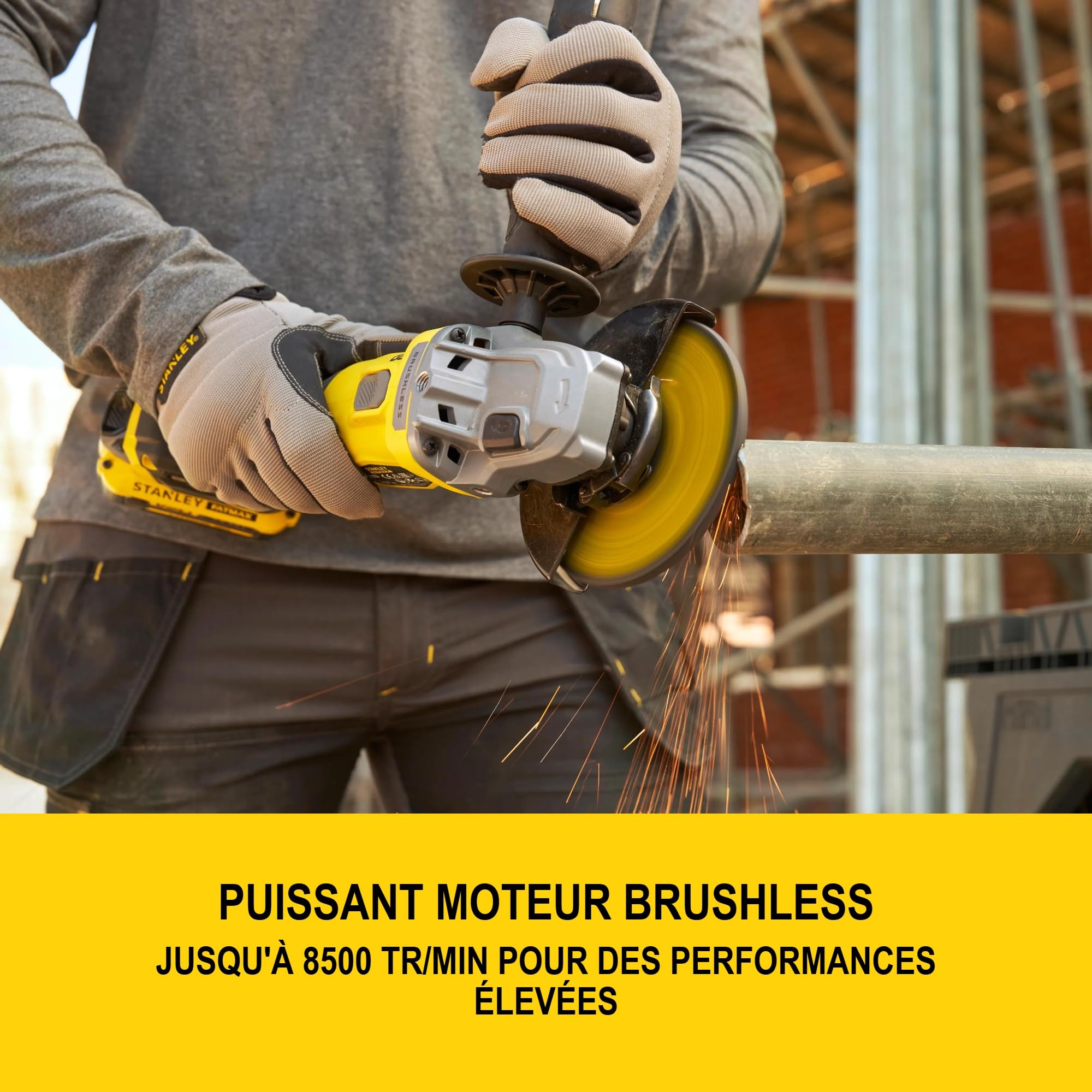 STANLEY FATMAX V20 Meuleuse d'angle 125mm sans fil et brushless, comprend une batterie Li-Ion 4.0Ah, un chargeur 2A et une malette PRO-STACK, 18V, SFMCG710M1T-QW