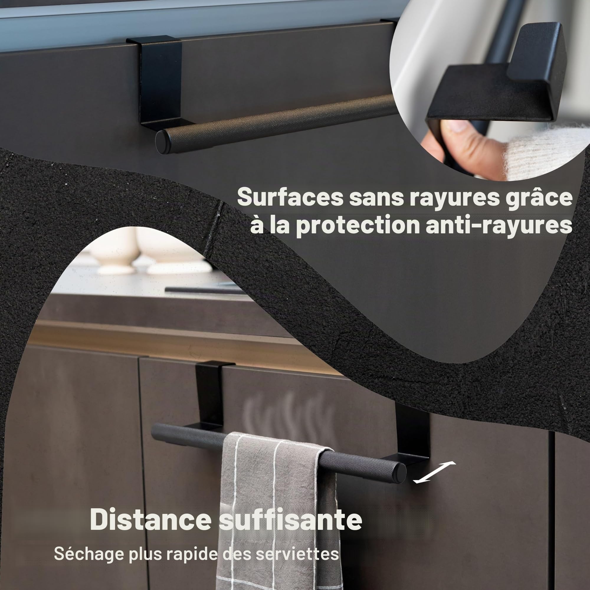 Wow!Kitchen Porte-serviettes sans perçage pour cuisine – Antidérapant et stable – Les torchons restent accrochés grâce à la surface spéciale – Pas de collage, pas de perçage – Noir