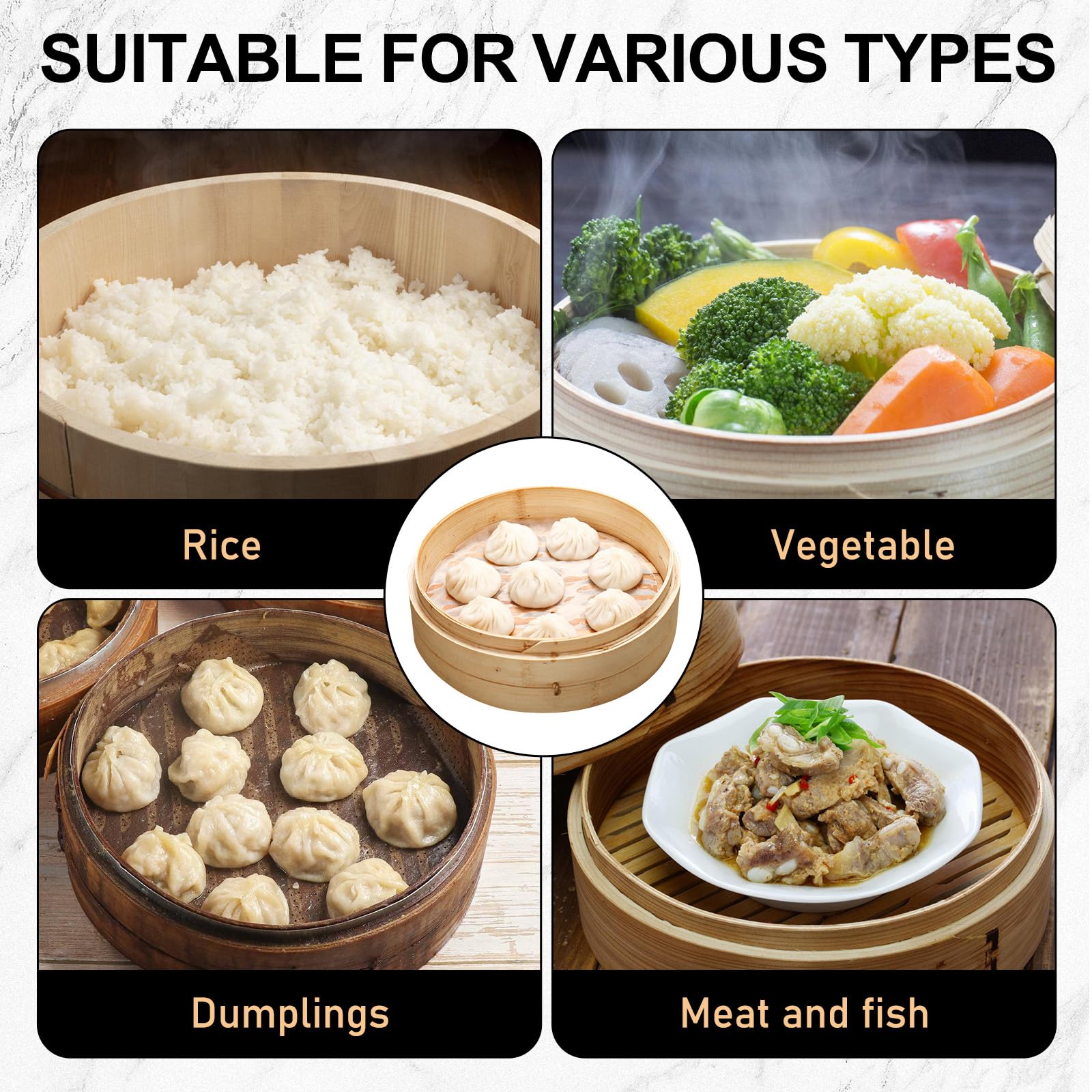 Cuocere a vapore in bambù, 21 cm, a 2 ripiani, in bambù intrecciato, versatile cestino a vapore asiatico, con 4 panni in cotone per riso, verdure, Dim Sum, Dumpling