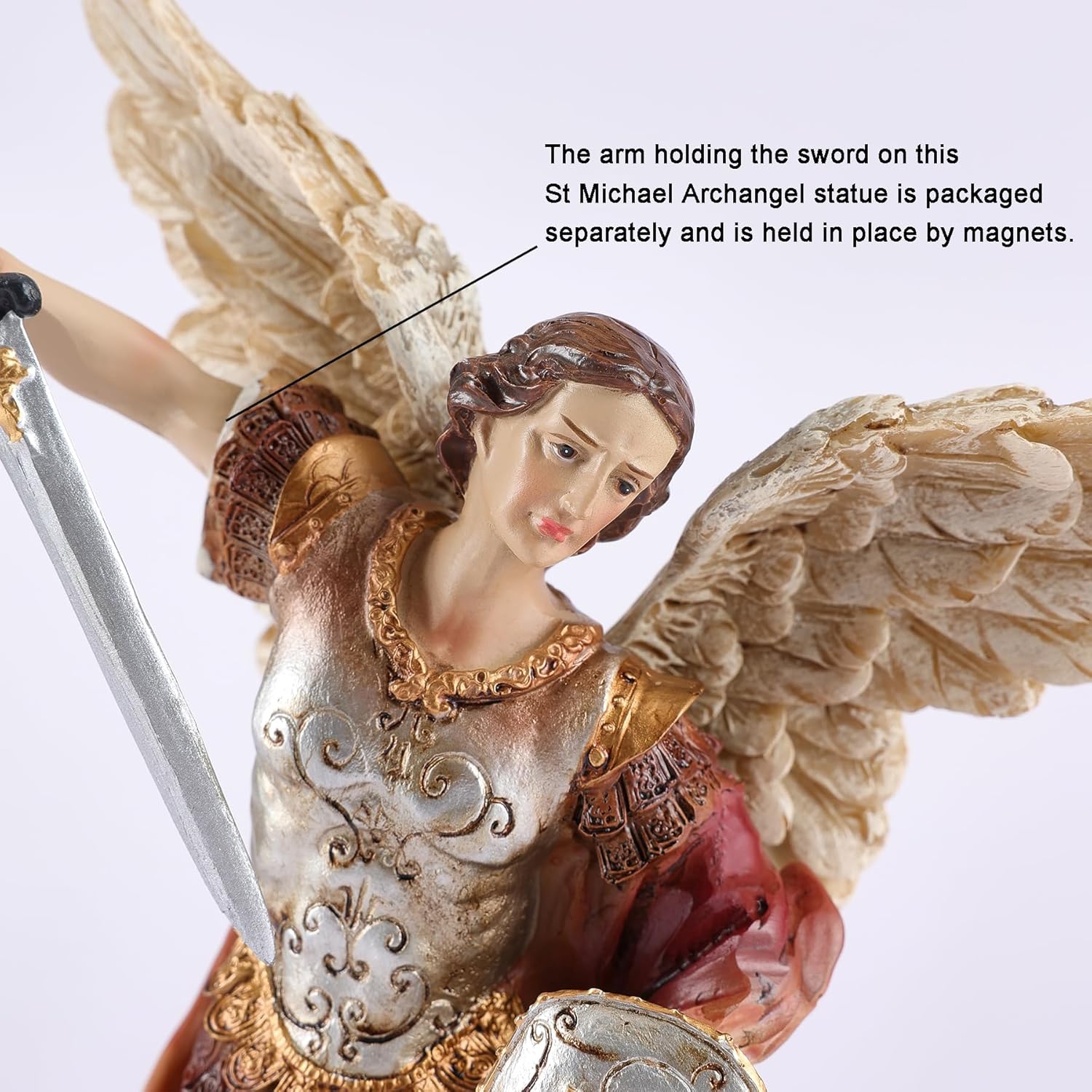Catholic St. Michael the Archangel Statue - 11.2” H Hand-Painted Resin Figurine on Premium Wooden Base, Saint Michael Defeating Satan Religious Gifts for Home Decor