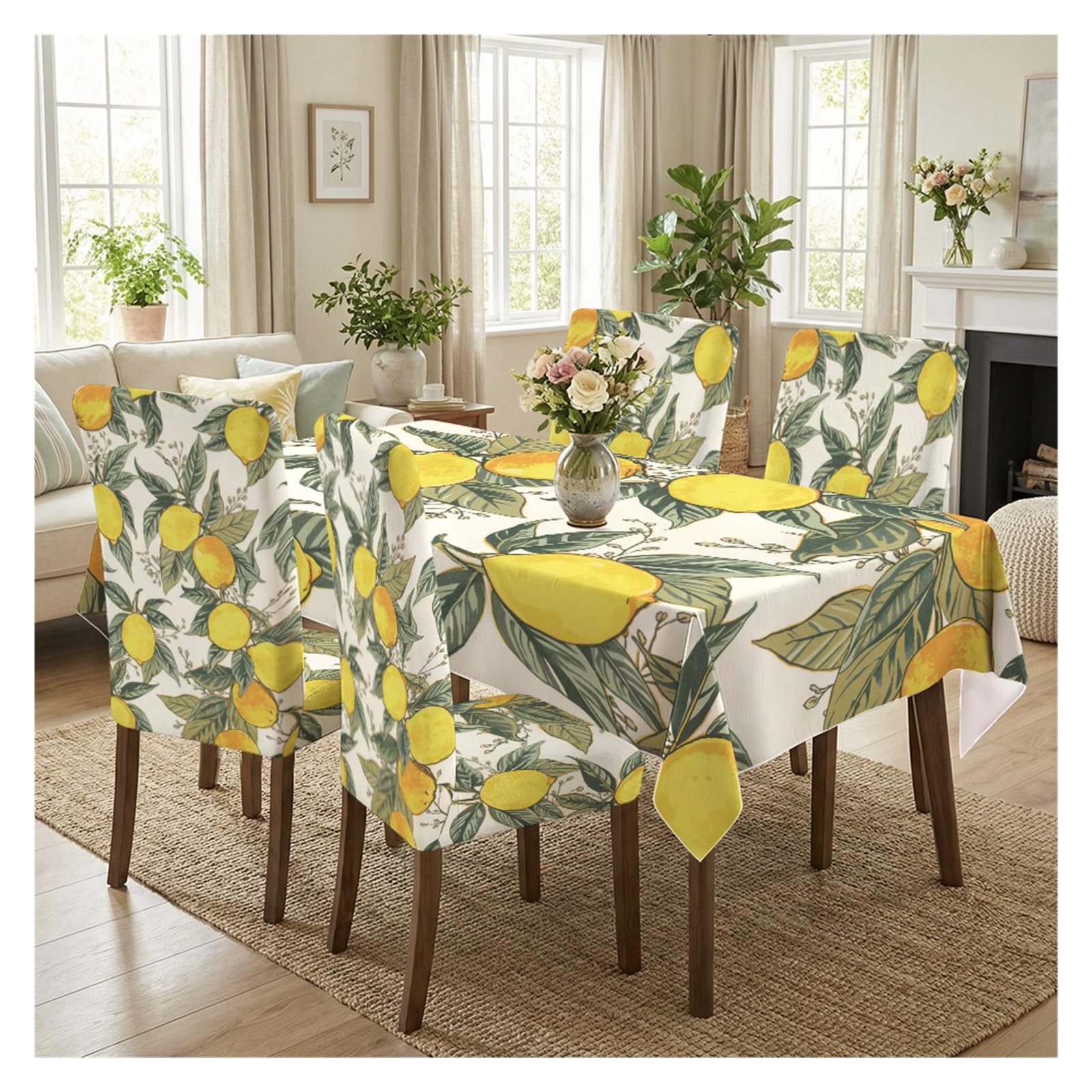 BOSUYBN Lemon Print Dining Chair Covers With Tablecloth Set, 5/7 Piece Stretch Chair Slipcovers For Fresh Summer Dining Setup Table Setting(5pcs Set: Tablecloth+Chair Covers)