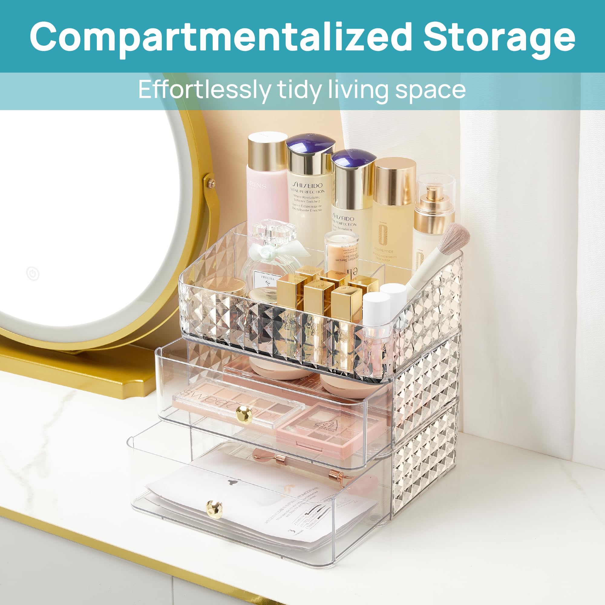 Vtopmart 3-Layer Makeup Organizer for Vanity, Stackable Makeup Storage Organizer for Vanity Dresser Bathroom Countertop, Cosmetic Display Cases with 2 Drawers and 1 Tray,Diamond Pattern Transparent