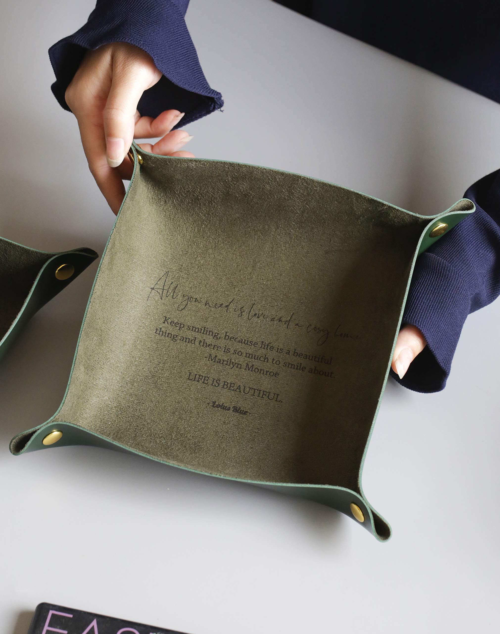 Lotus Blue Valet Tray for Storage, PU Leather Jewelry Nightstand Organizer Watch Coin Change Key Jewelry Valet Tray Box Green Small