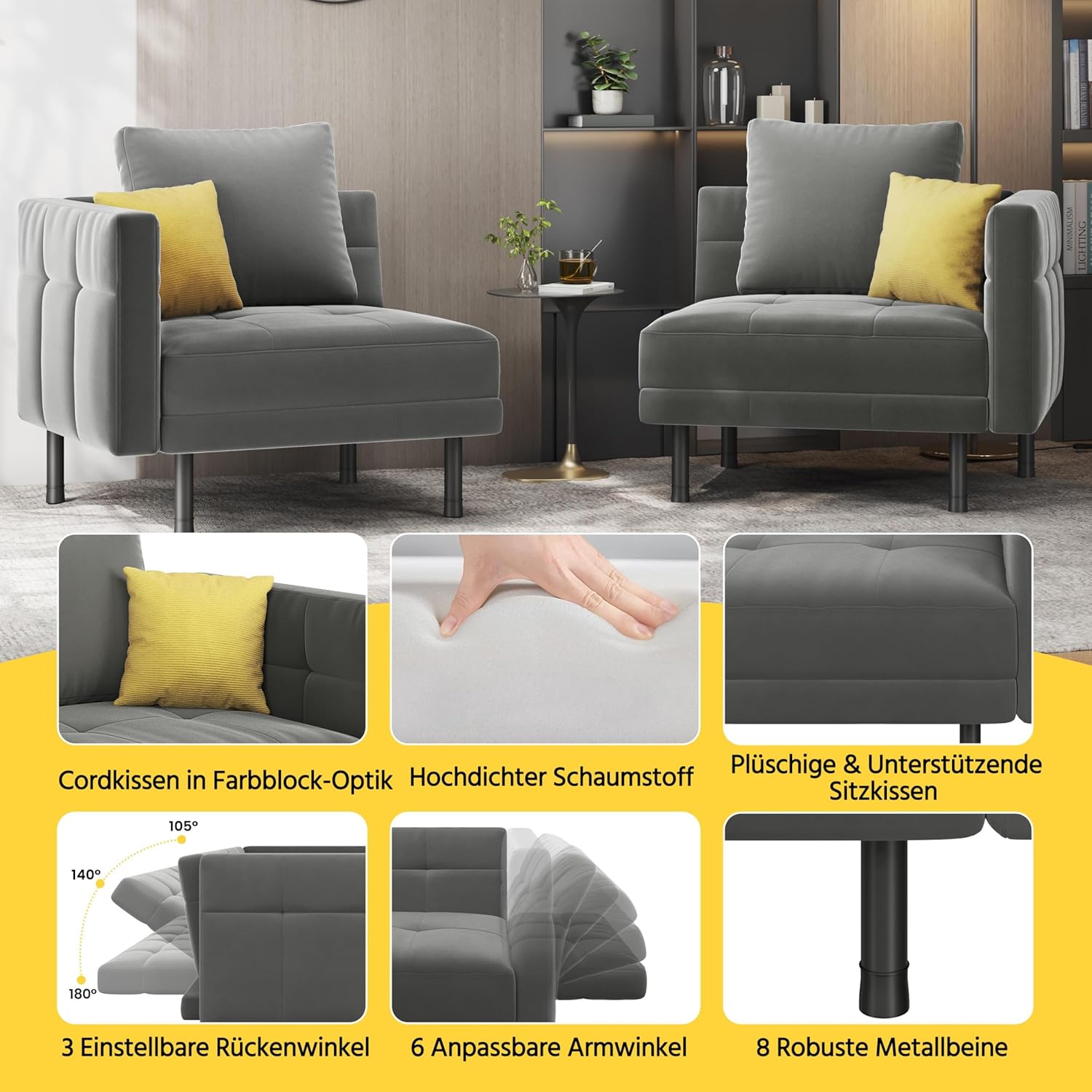 Close-up details of sofa features including cushions, foam, and metal legs