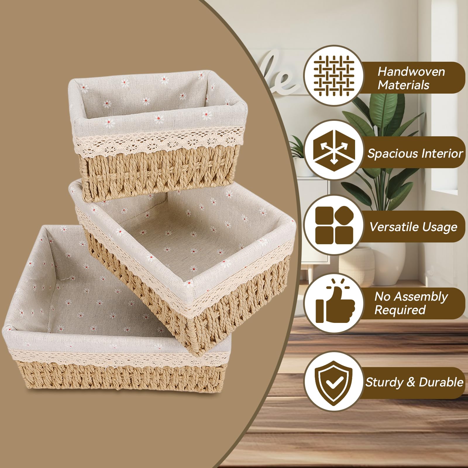 3 Paniers de Rangement Tressés, Panier Osier Empilable, Panier de Rangement pour Jouets, avec Doublure Amovible, pour la Maison, le Bureau, la Salle de Bain et la Chambre(Beige, L+M+S)