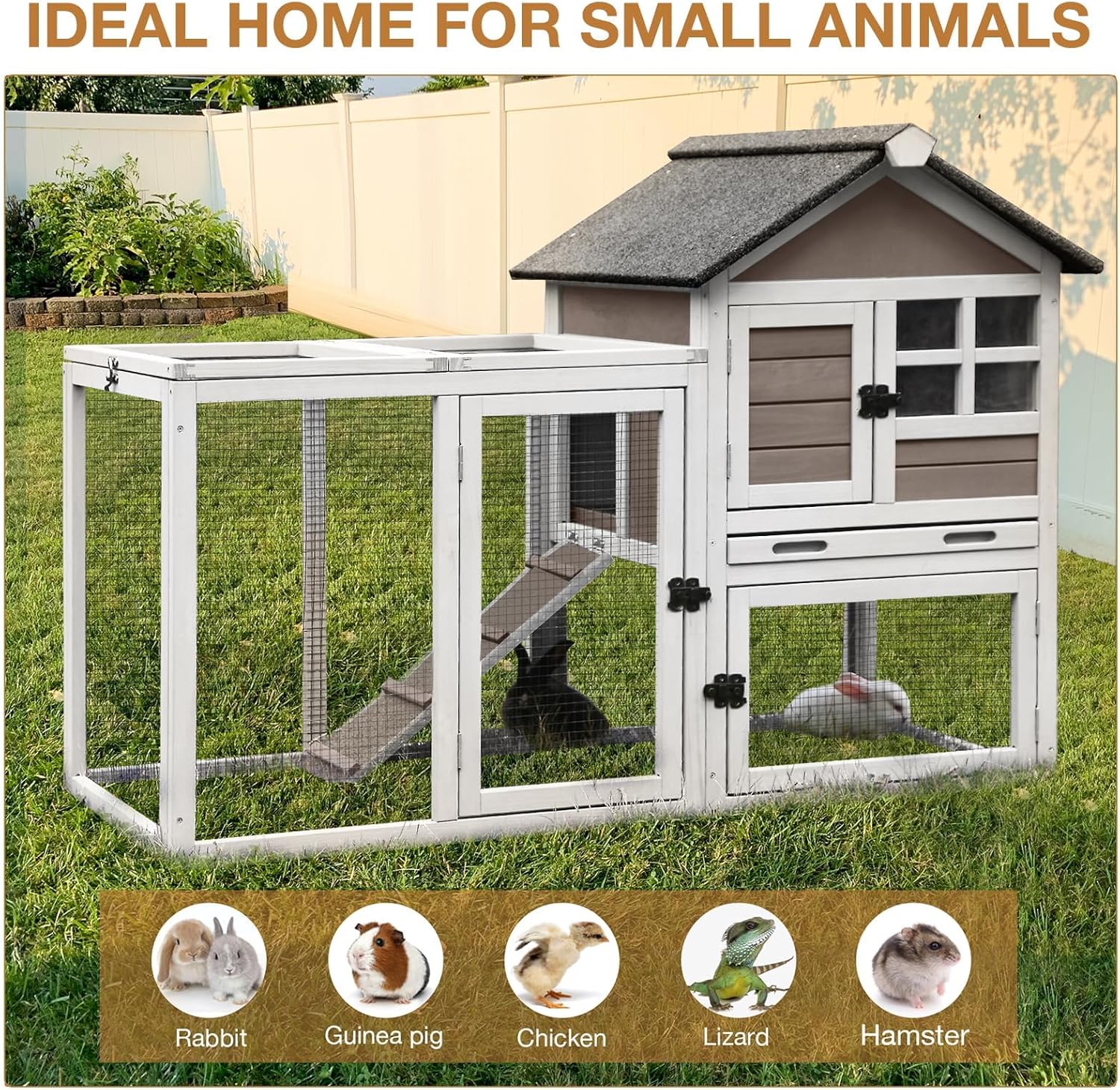 Aivituvin 51.6''L Rabbit Hutch Outdoor Chicken Coop, Indoor Bunny Cage with Run, Guinea Pig House with Pull Out Upper Tray (Brown)