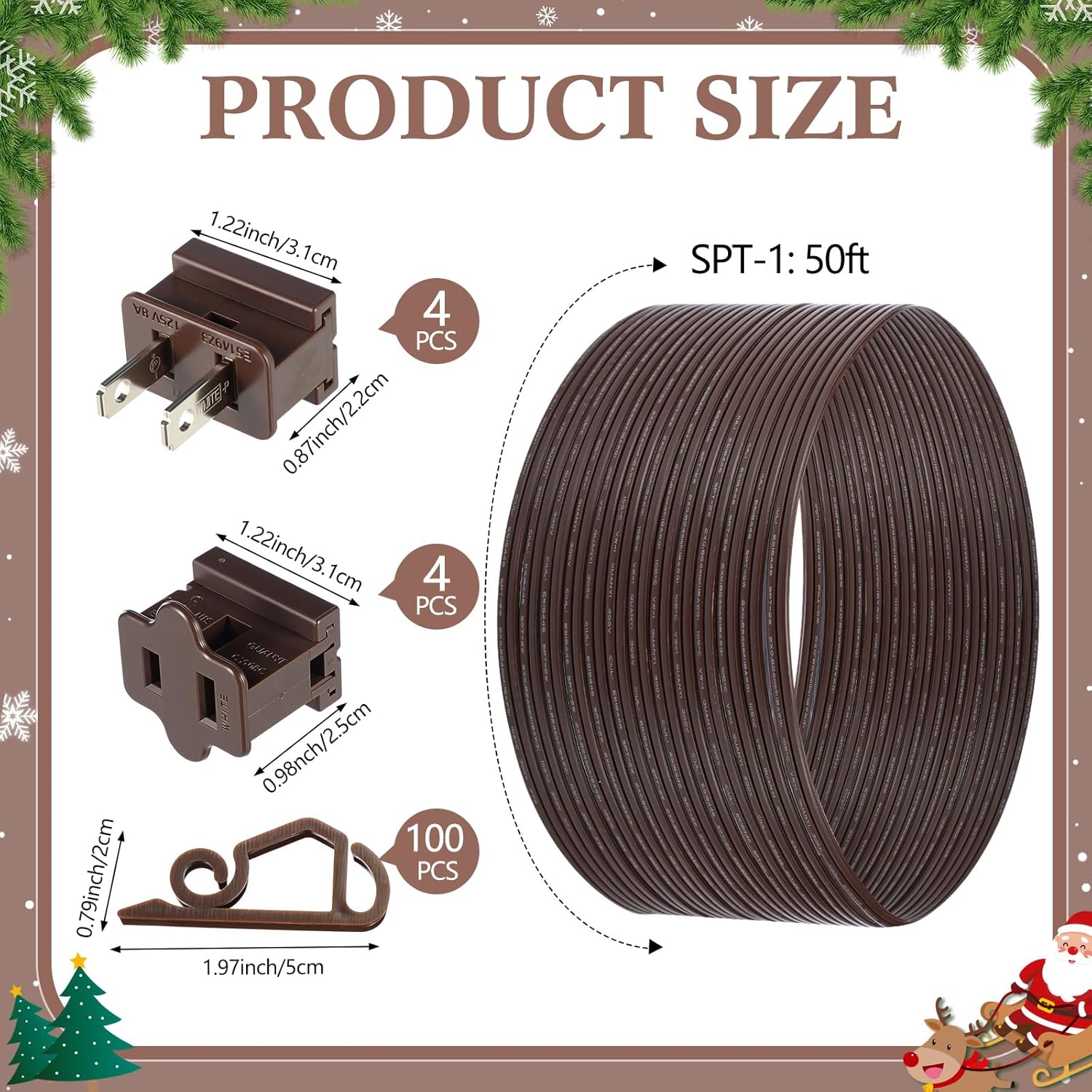 109 Pcs Christmas SPT-1 50FT 18 Gauge 2-conductor Wire and Vampire Plugs Female and Male Slip Plug and Christmas Light Clip, 18 AWG Electrical Wire for Indoor Outdoor Holiday Party Decoration