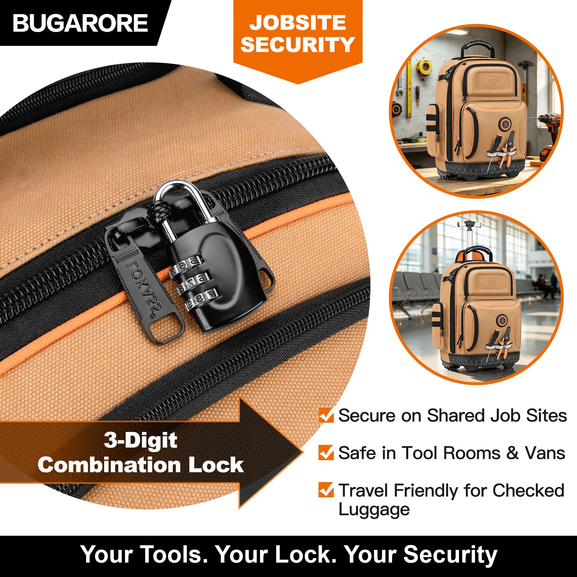 Mochila de herramientas de 40,6 cm con ruedas, 75 bolsillos, bolsa de herramientas de electricista para construcción HVAC, impermeable 1680D, base moldeada y cerradura de combinación
