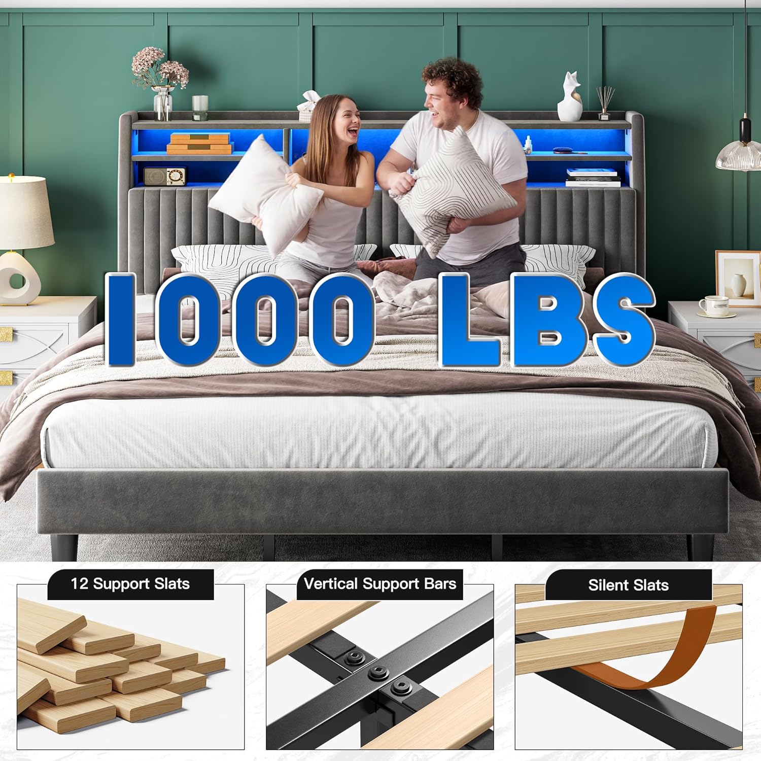 King Size Bed Frame, Vertical Channel Tufted Headboard with Storage Shelves,Velvet Bed Frame with Charging Station and LED Lights, Wooden Slats, Noise Free, Grey