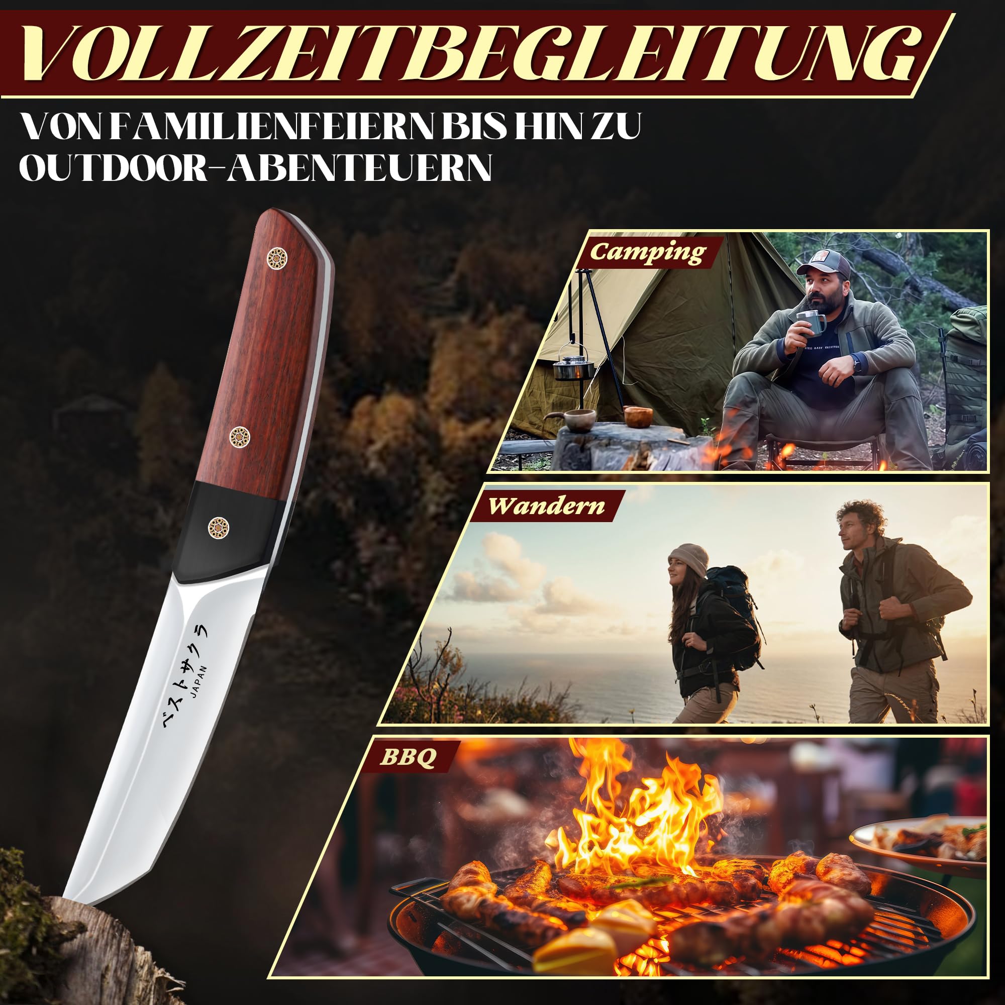 Japanisc-Tanto-Outdoor-Messer mit feststehender Klinge – Robustes Survivalmesser aus D2-Edelstahl mit Holzscheide, Geeignet für Wanderungen, Bergsteigen, Dschungeltrekking Geschenke zum Sammeln