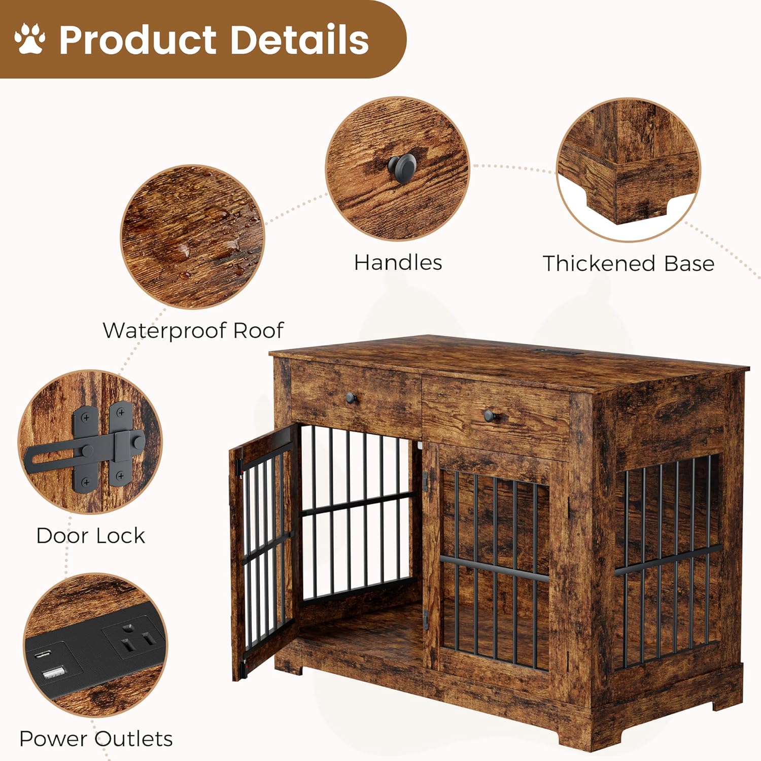 44.5'' Dog Crate Furniture with Storage Dog Kennel w/2 Drawers, Heavy-Duty Wooden Dog House Indoor End Table Tv Stand with Charging Station Pet Cage for Small/Medium Dogs(Brown)