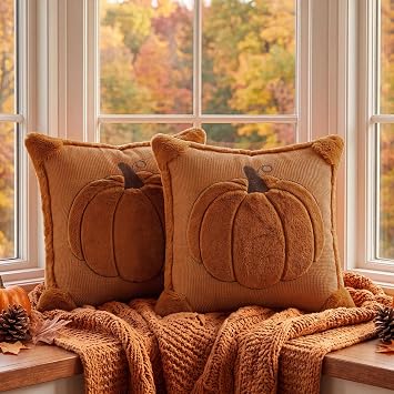 Softalker Fall Throw Pillow Covers 18x18 Set of 2 Rust Orange Pumpkin Plush